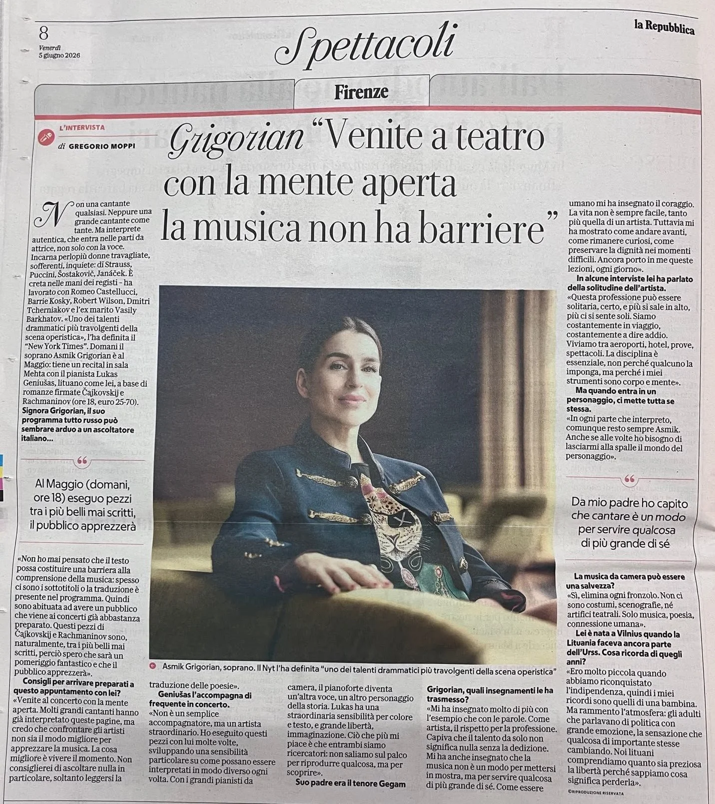 La Repubblica Firenze Interview / “Come to the theater with an open mind; music has no barriers”