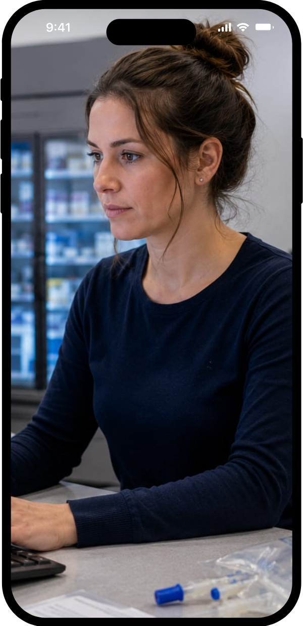 A pharmacist shown on the Oncology Confidence app screen