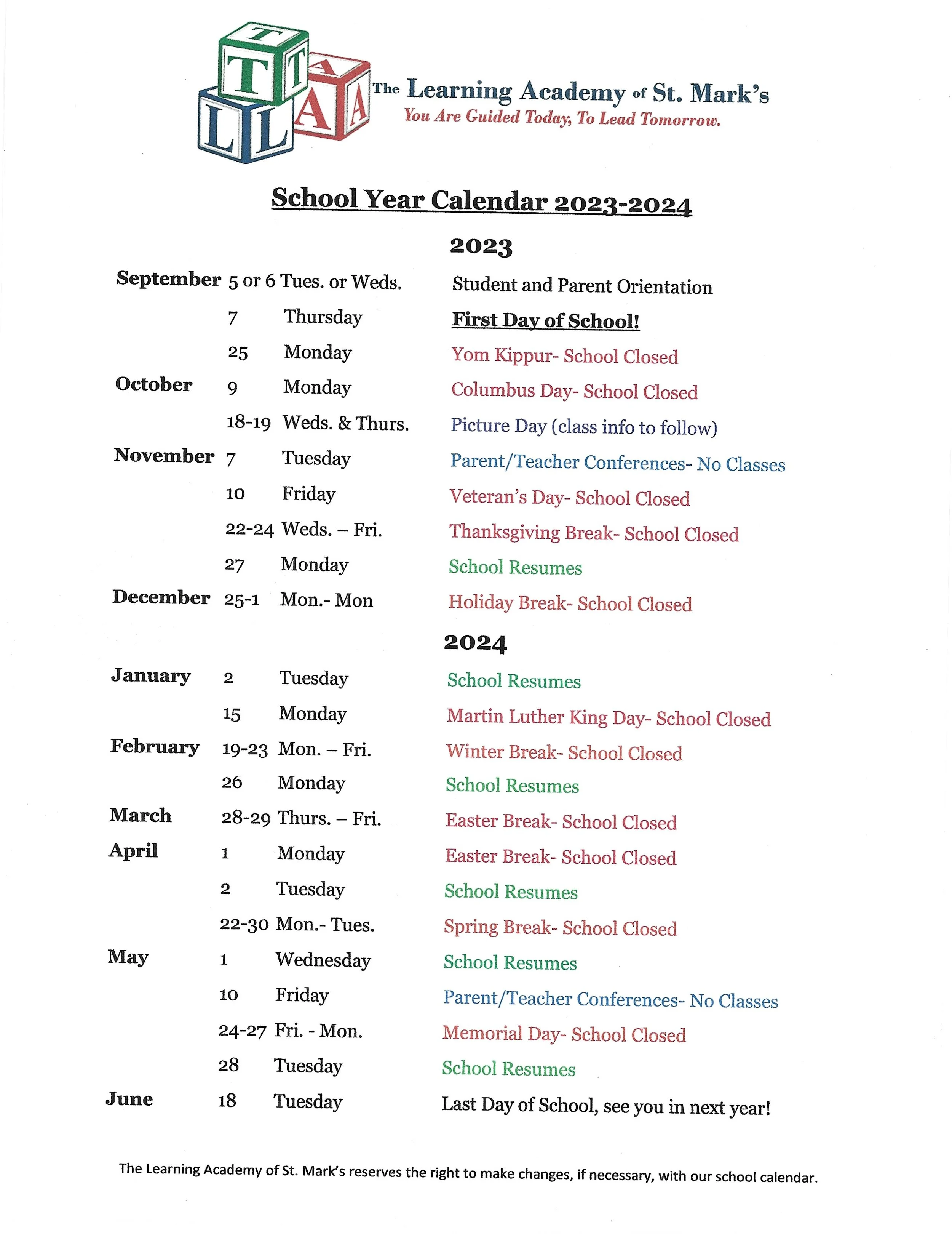 Calendar — The Learning Academy Calendar — The Learning Academy