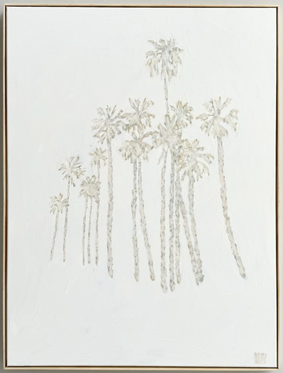 Painting of a cluster of tall palm trees with a white background and a gold frame.
