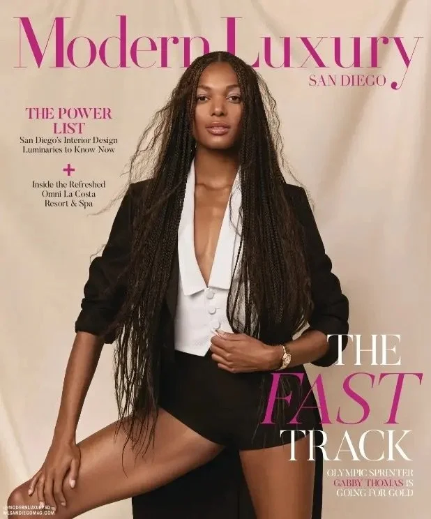 Modern Luxury San Diego magazine cover featuring Olympic sprinter Gabby Thomas, Power List issue highlighting top interior designers in San Diego