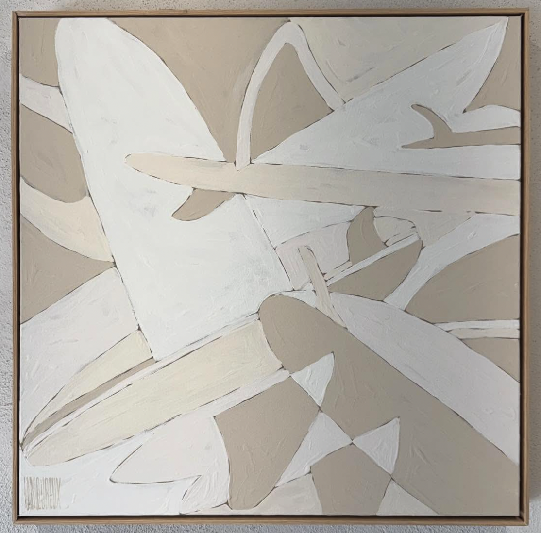 Abstract painting with overlapping geometric shapes in shades of white, beige, and tan.