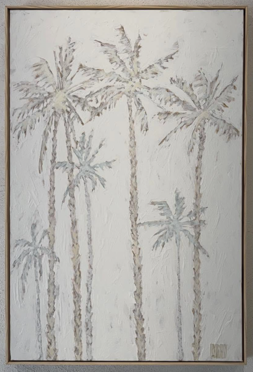 Painting of several tall palm trees on a textured white background.