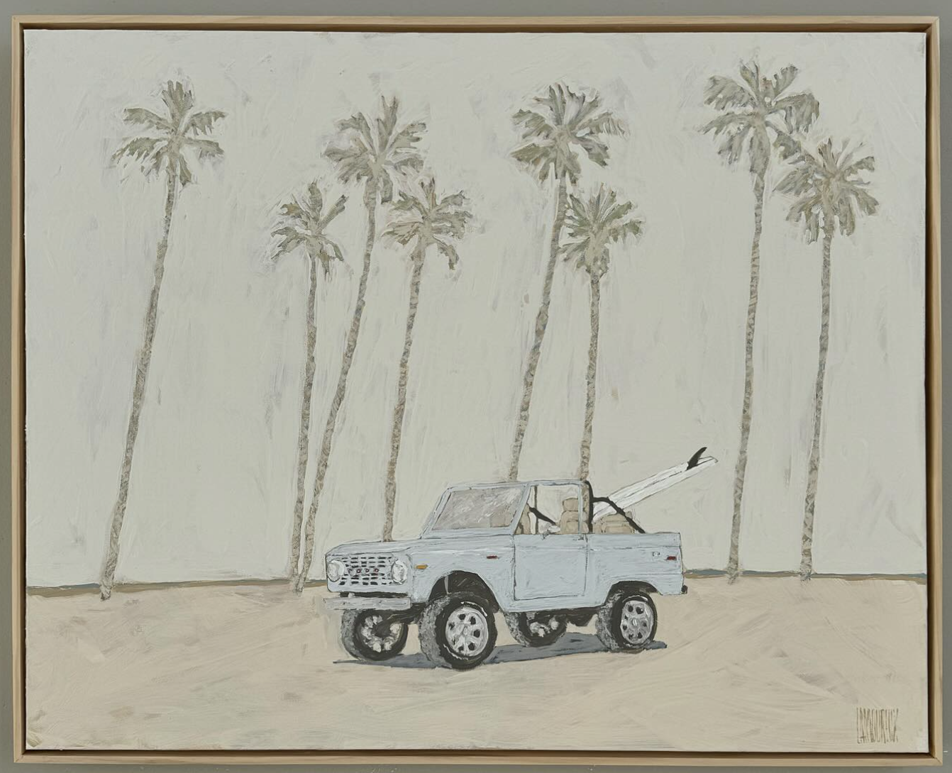 Painting of a light blue vintage convertible car on a sandy surface with tall palm trees in the background.