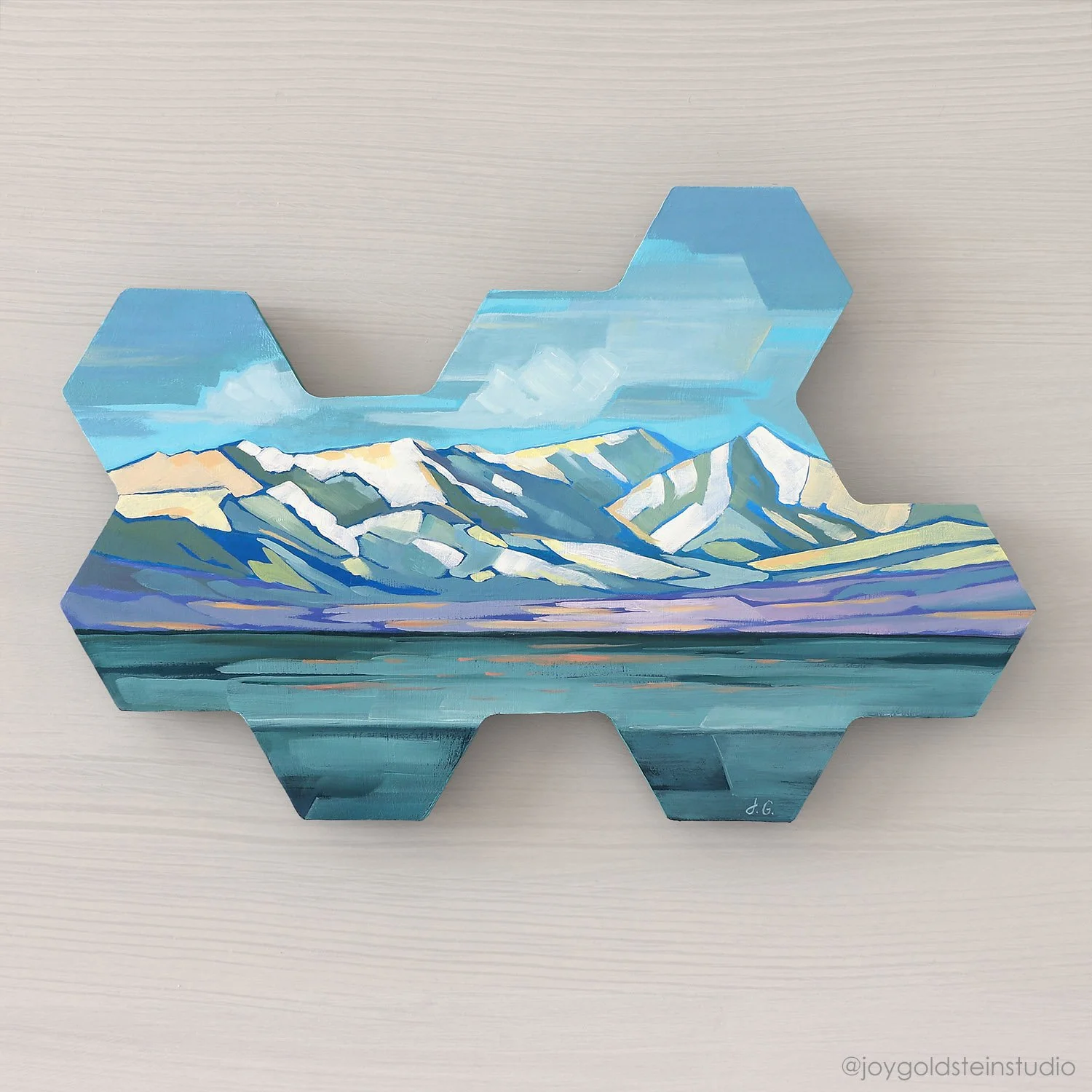 Aqua Lake & Snowcapped Mountains, 13.75W x 9H x .5D inches, $235