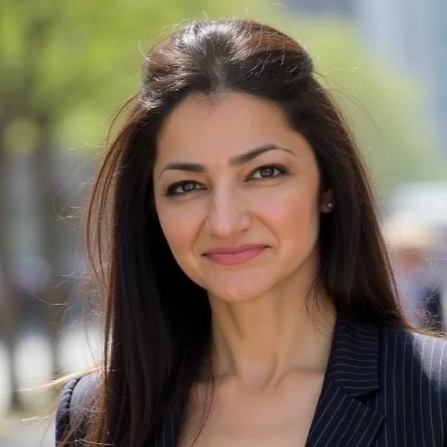 Woman with long dark hair wearing a pinstripe blazer is standing outside in an urban environment