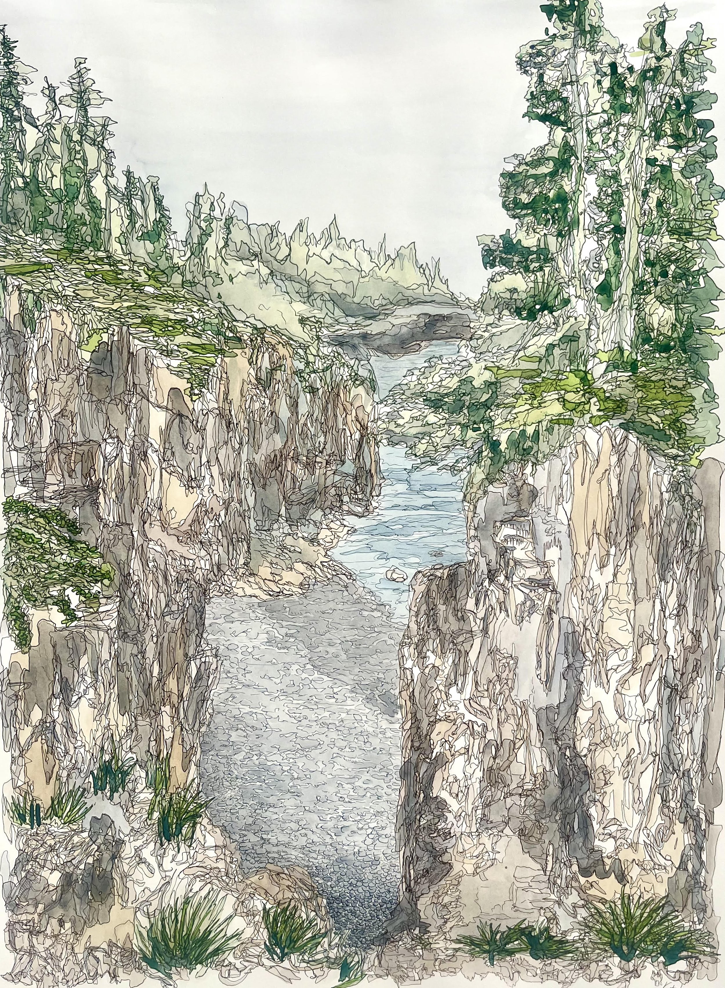 The Sound of Textures in Nature, Ink and watercolor on paper, 19"x25" (2024)