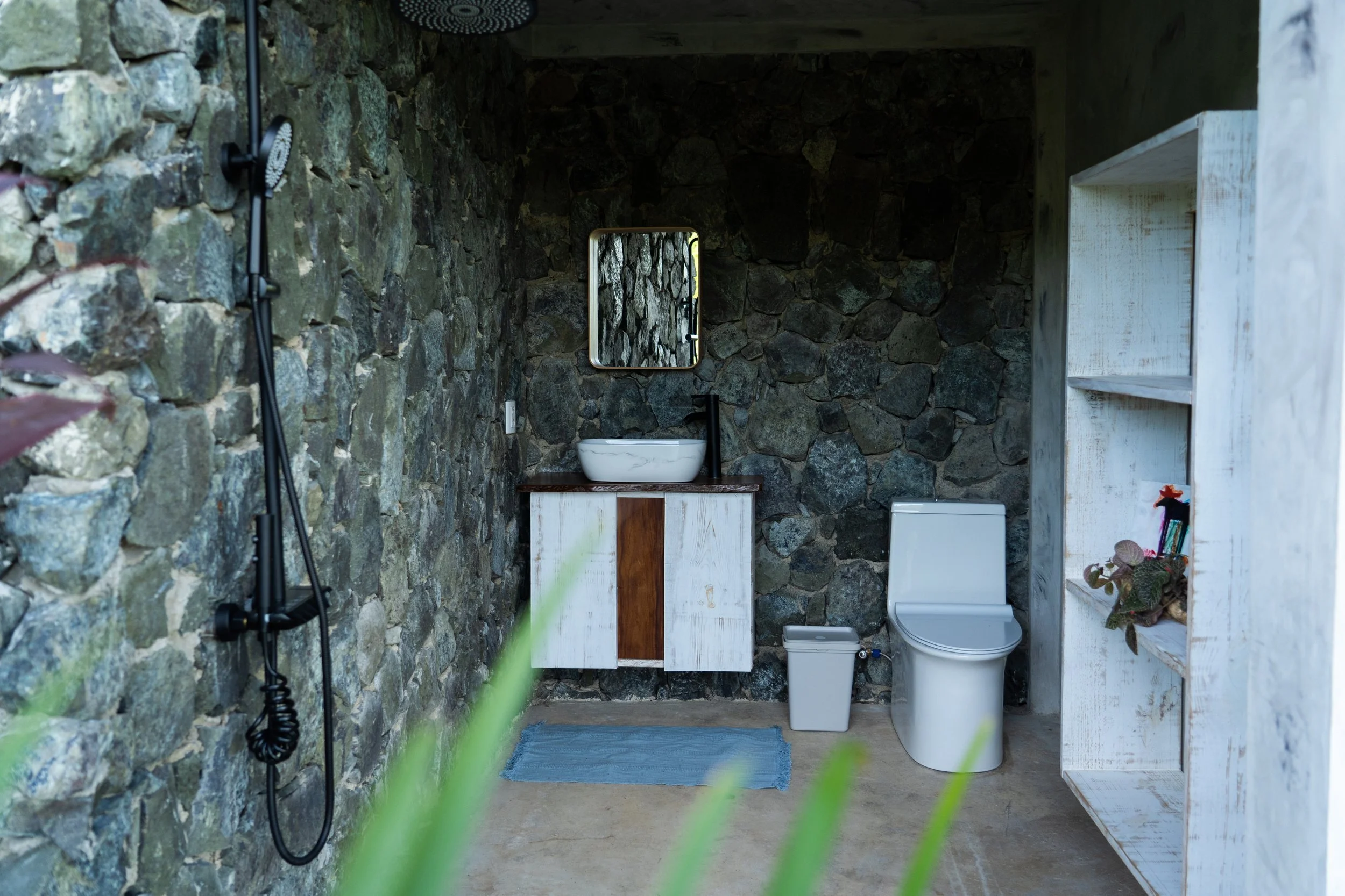 Interior of a bathroom with stone wall, white toilet, white wooden cabinet, small mirror above a basin sink, blue bath mat, black showerhead and faucet, and white shelving unit with plants and decorative items.