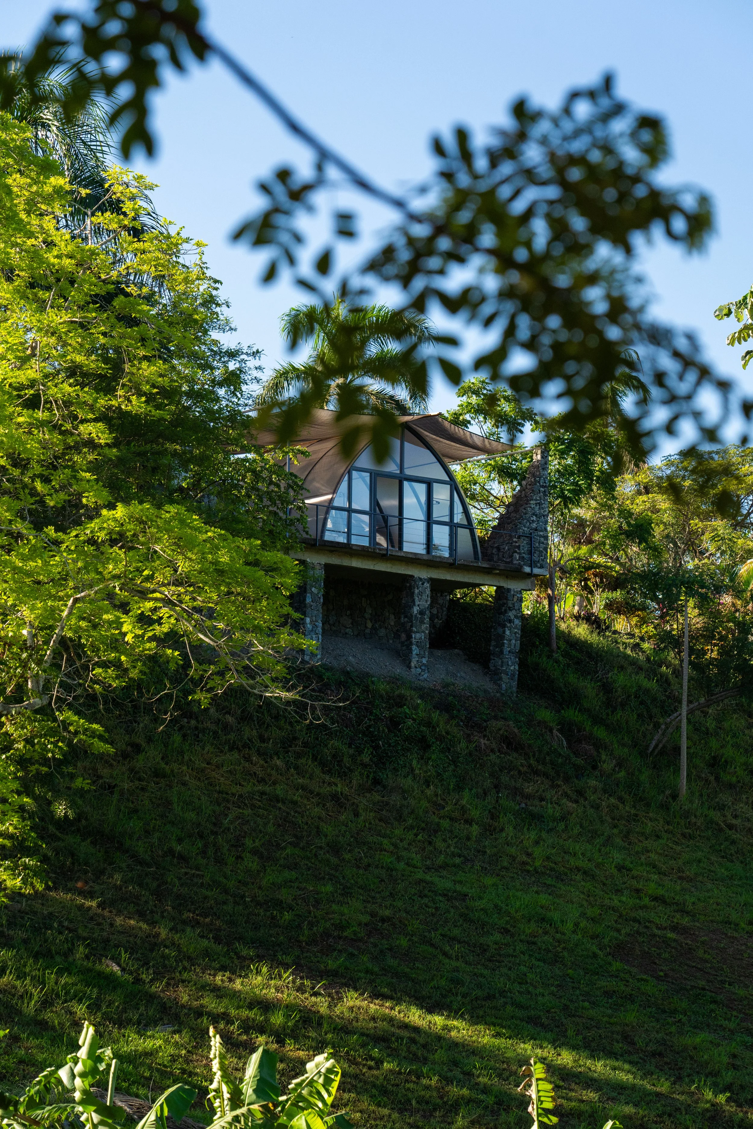 A small house with a curved roof on a hillside surrounded by green trees and plants, with a clear blue sky above.