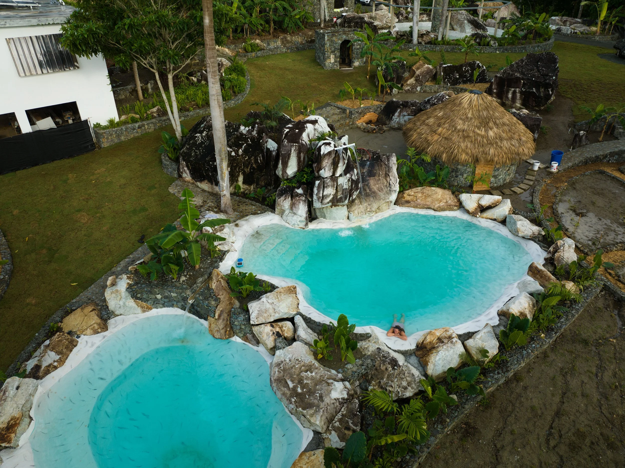 Aerial view of a tropical backyard with two small pools, one circular and one kidney-shaped, surrounded by rocks and lush greenery. There is a thatched hut and a stone fireplace or oven in the background.