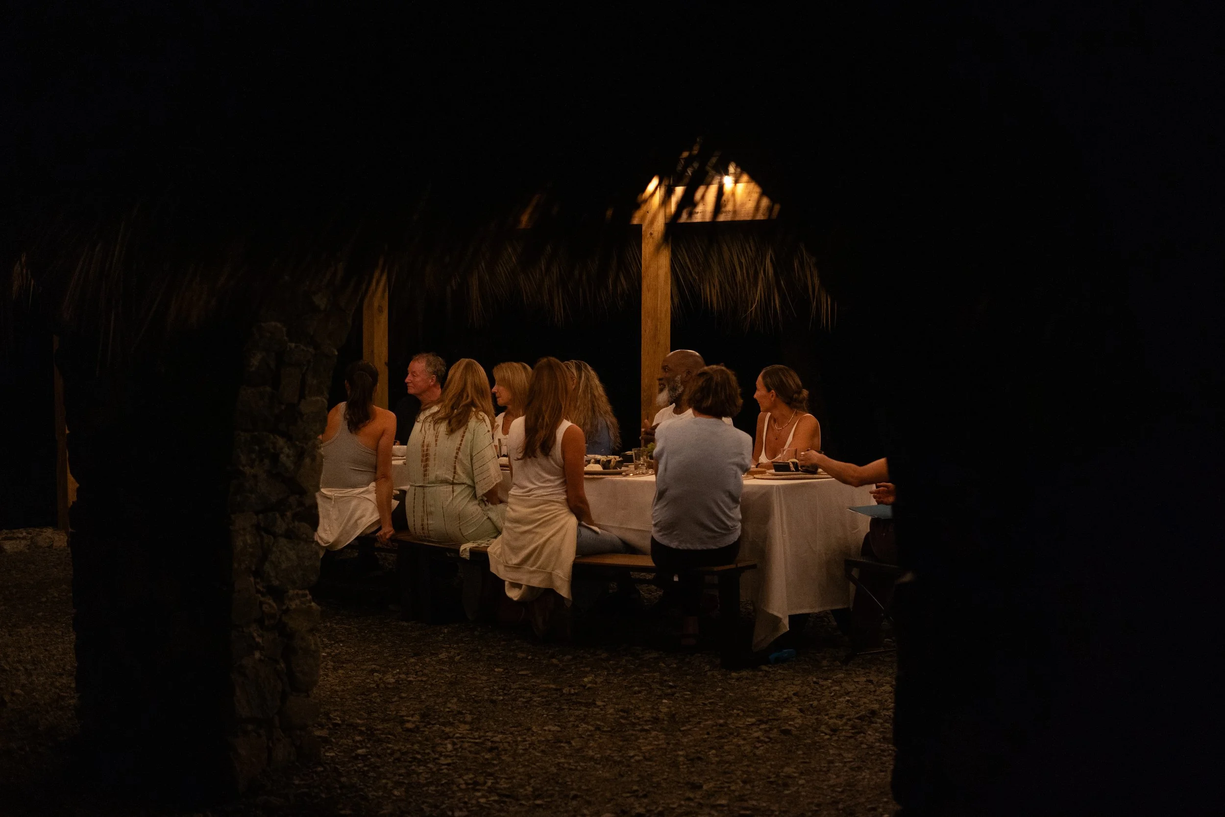 Group of people dining at a table under a thatched roof at night.