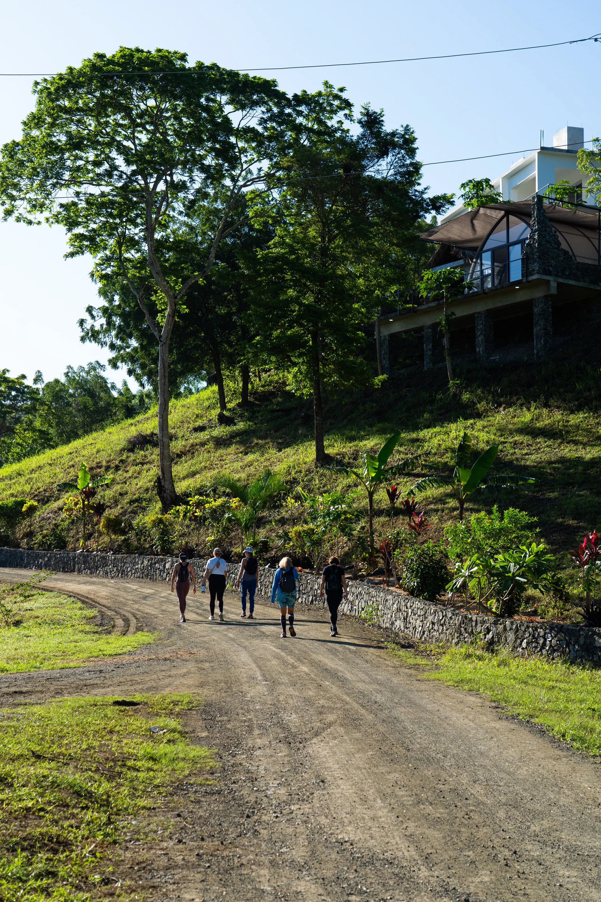 Group of five people walking along a dirt path in a lush, green hilly area with trees, plants, and a modern house in the background.