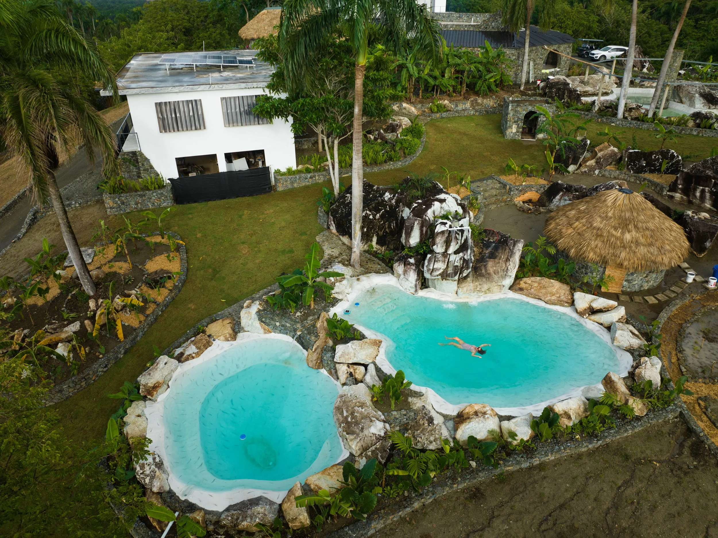 Aerial view of a tropical backyard with multiple swimming pools, lush green plants, palm trees, and a white modern house with solar panels on the roof. A woman is floating on her back in one of the pools surrounded by rocks and greenery.