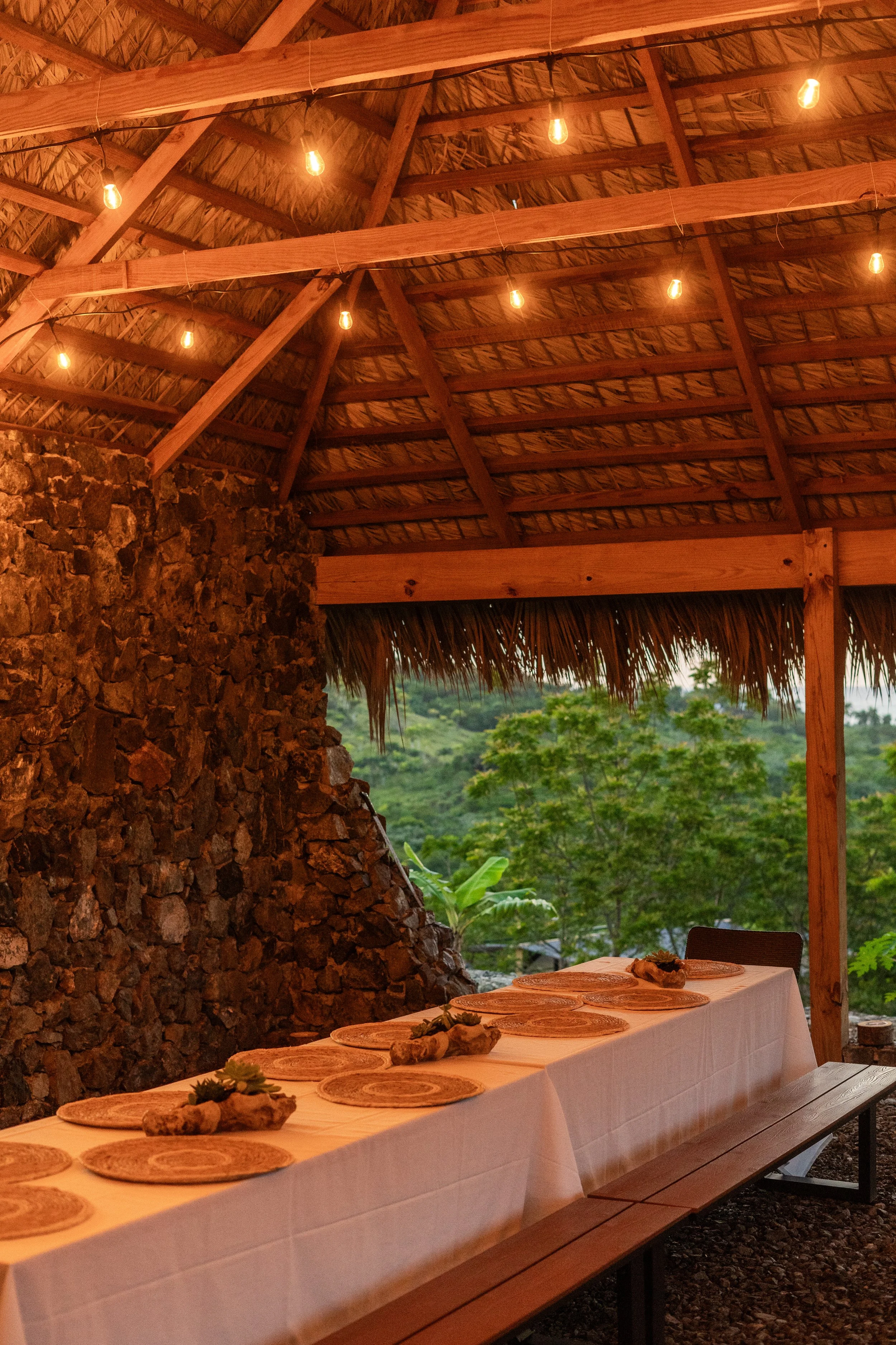 A long dining table set with woven placemats and small decorative planters, situated under a thatched roof with ambient lighting, overlooking lush greenery.