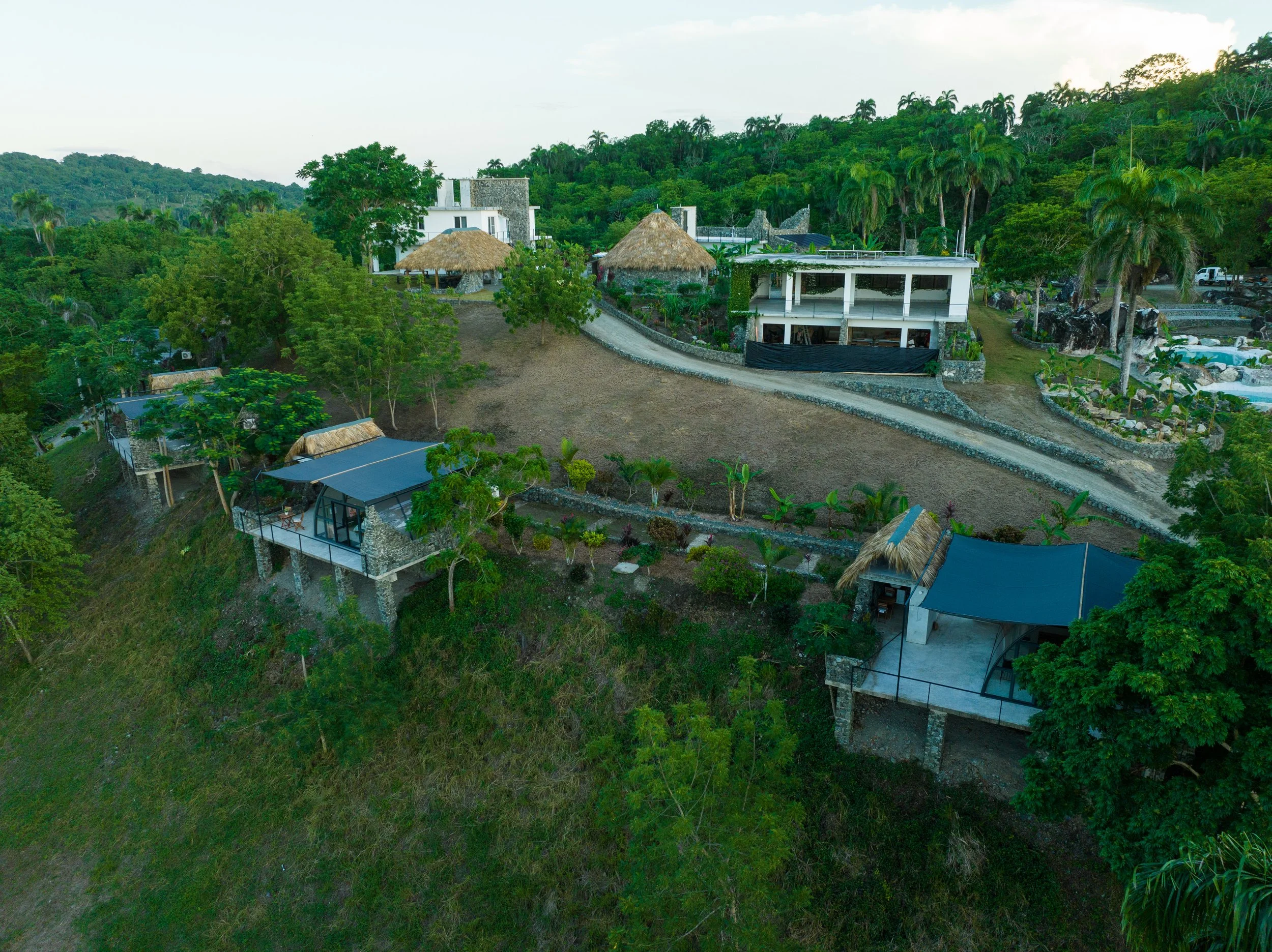 Aerial view of a hillside resort with modern houses, thatched-roof cottages, a winding driveway, lush greenery, and palm trees.