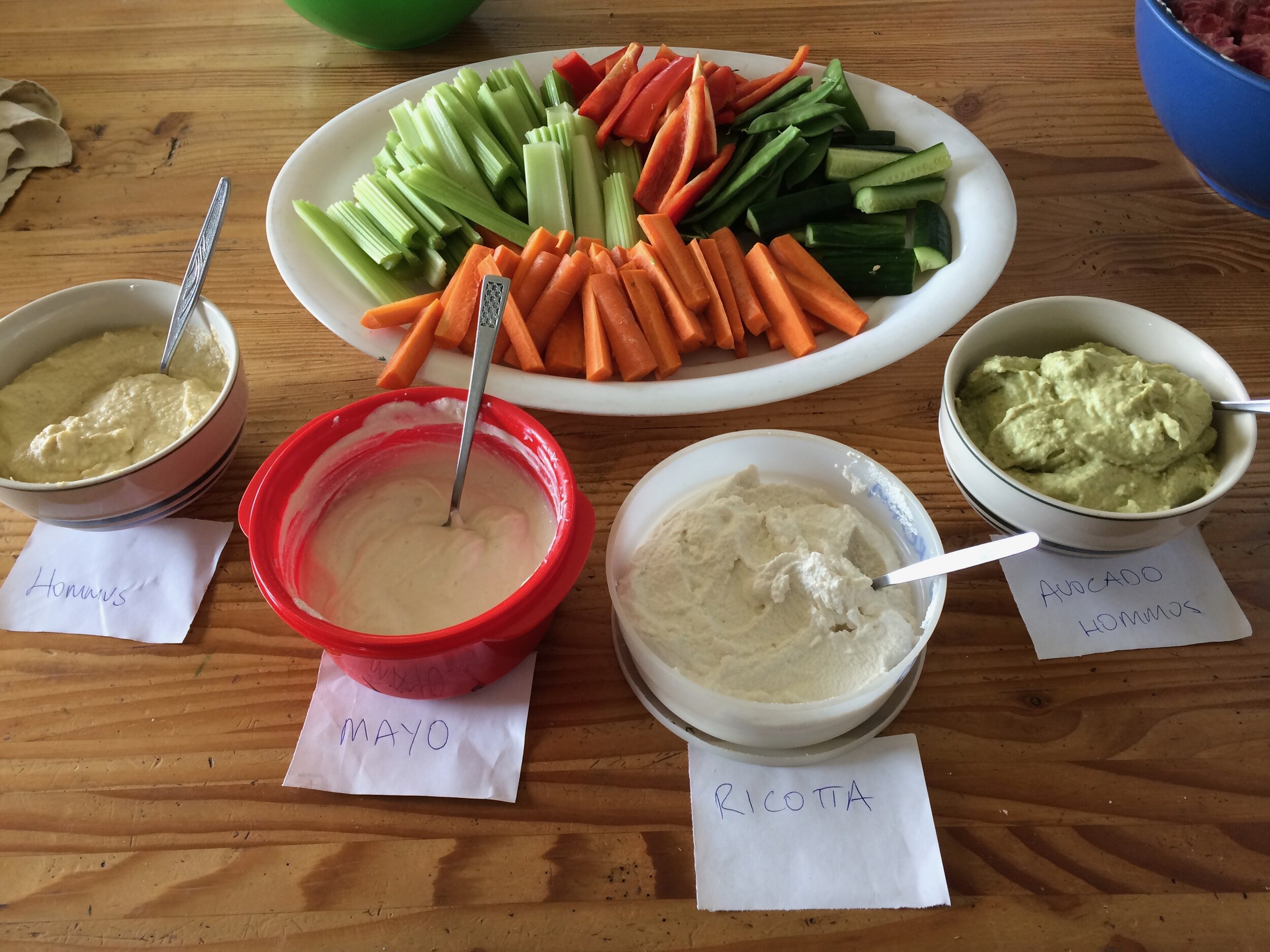 Platter with mixed vegies, bowls of dips