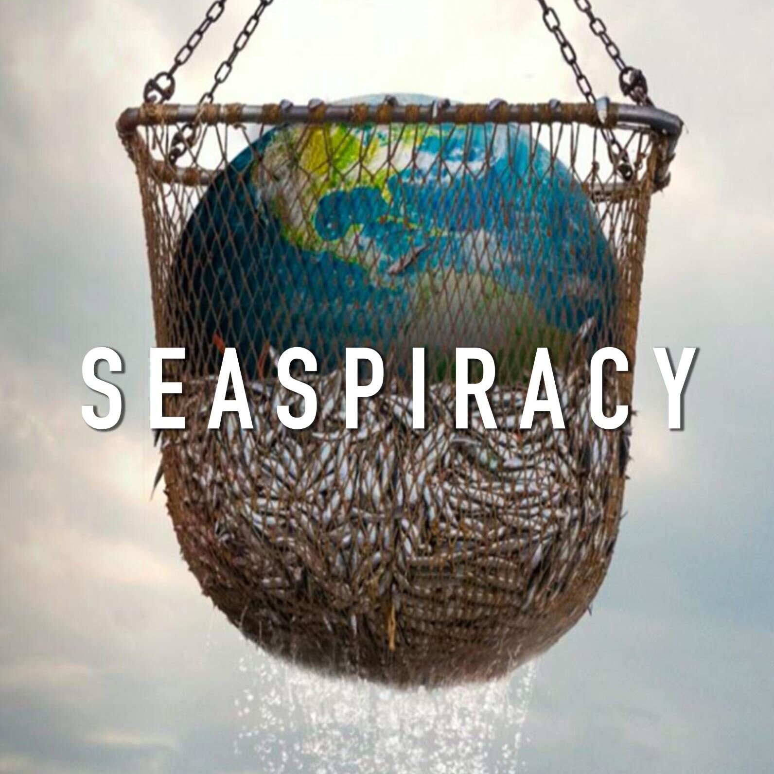Film  poster for Seaspiracy showing fishing net containing fish and the earth on top