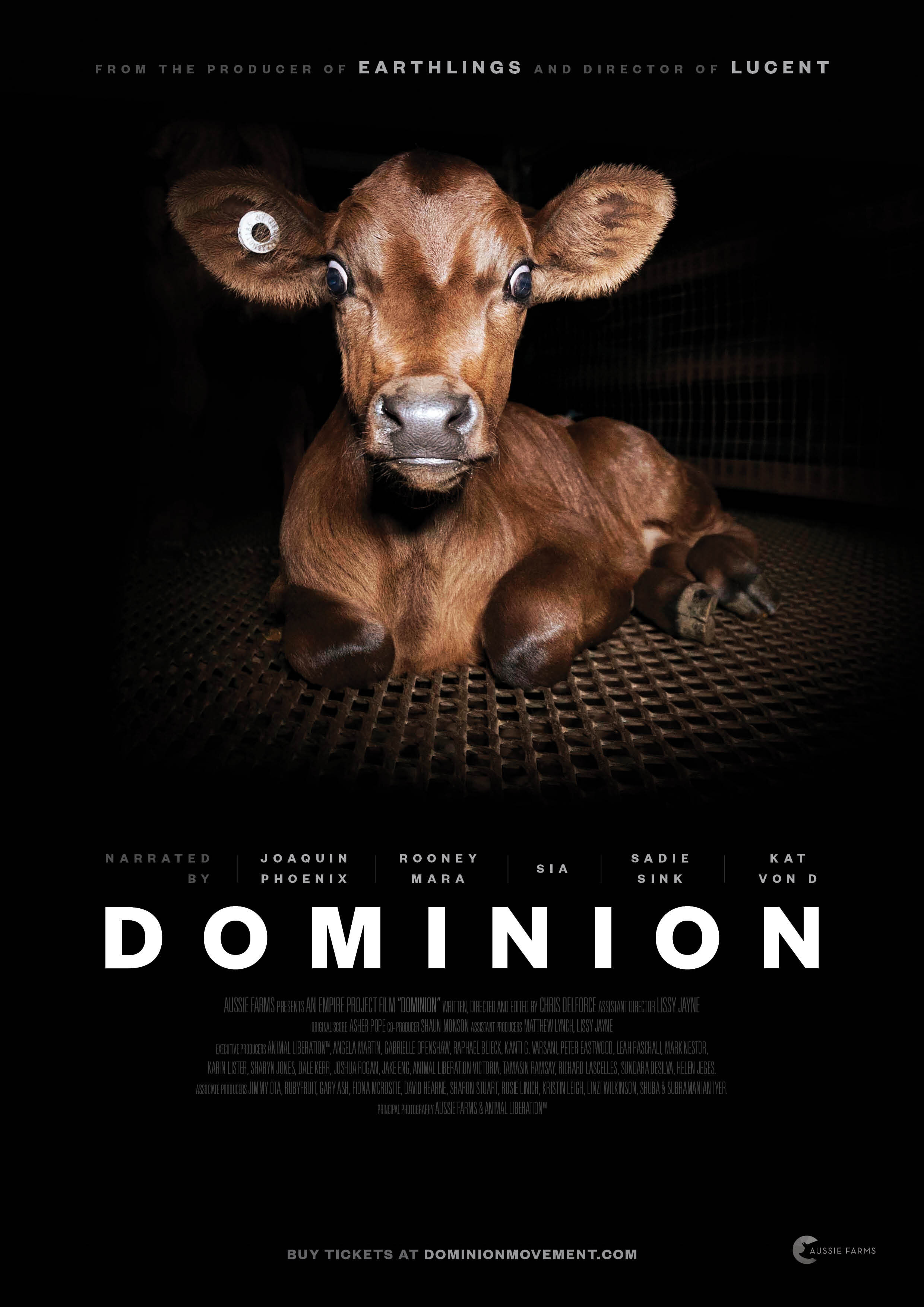 Film poster for 'Dominion' with brown calf on metal floor