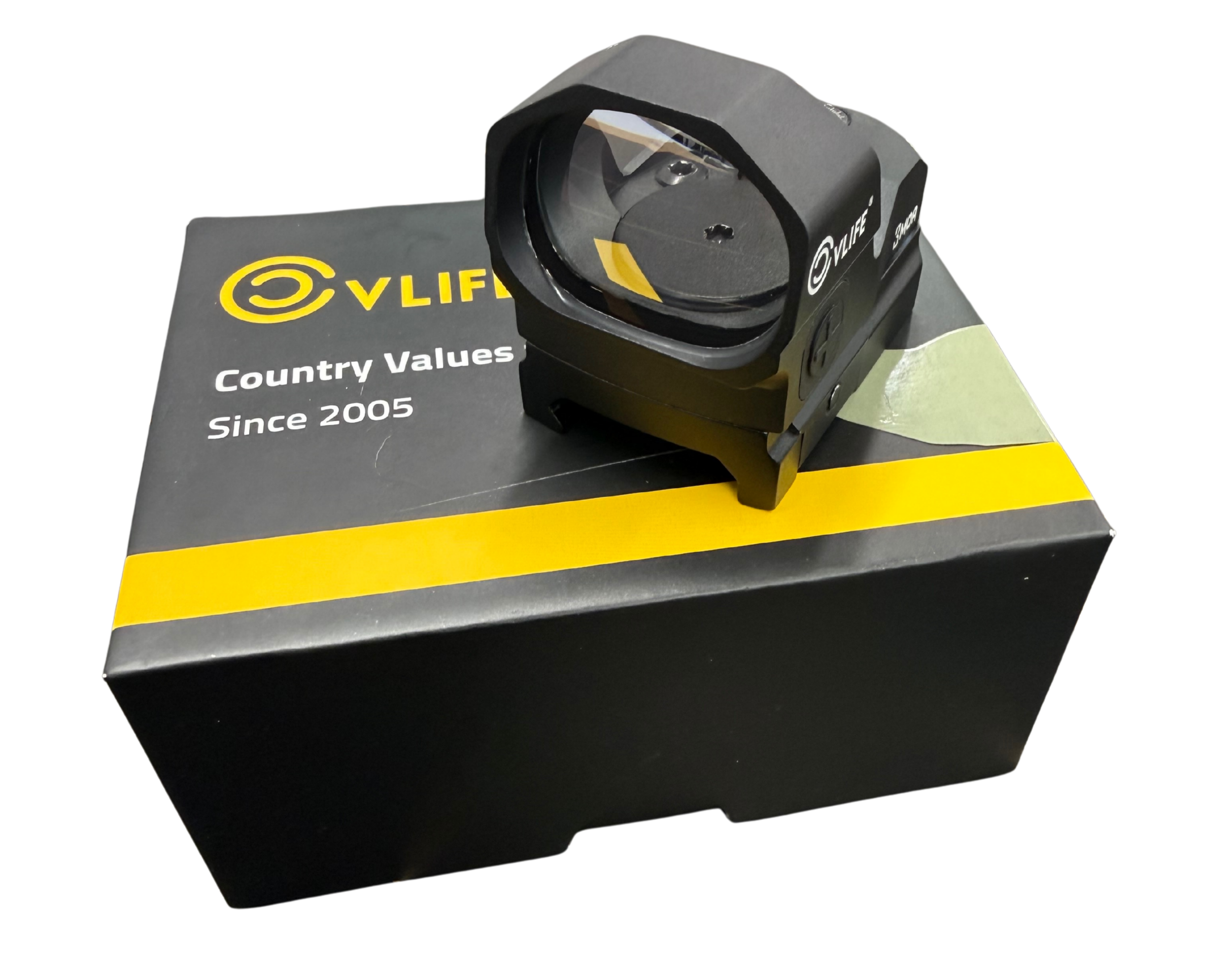 Black box with yellow and gray design holding a VLIFFE aiming sight.