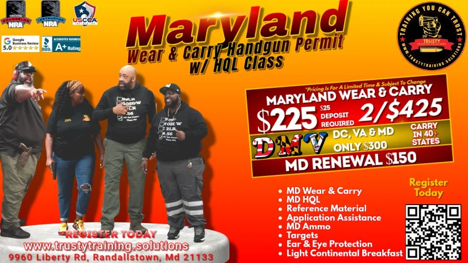 Advertisement for Maryland handgun permit class and renewal, featuring a group of four people, various logos, and pricing details.