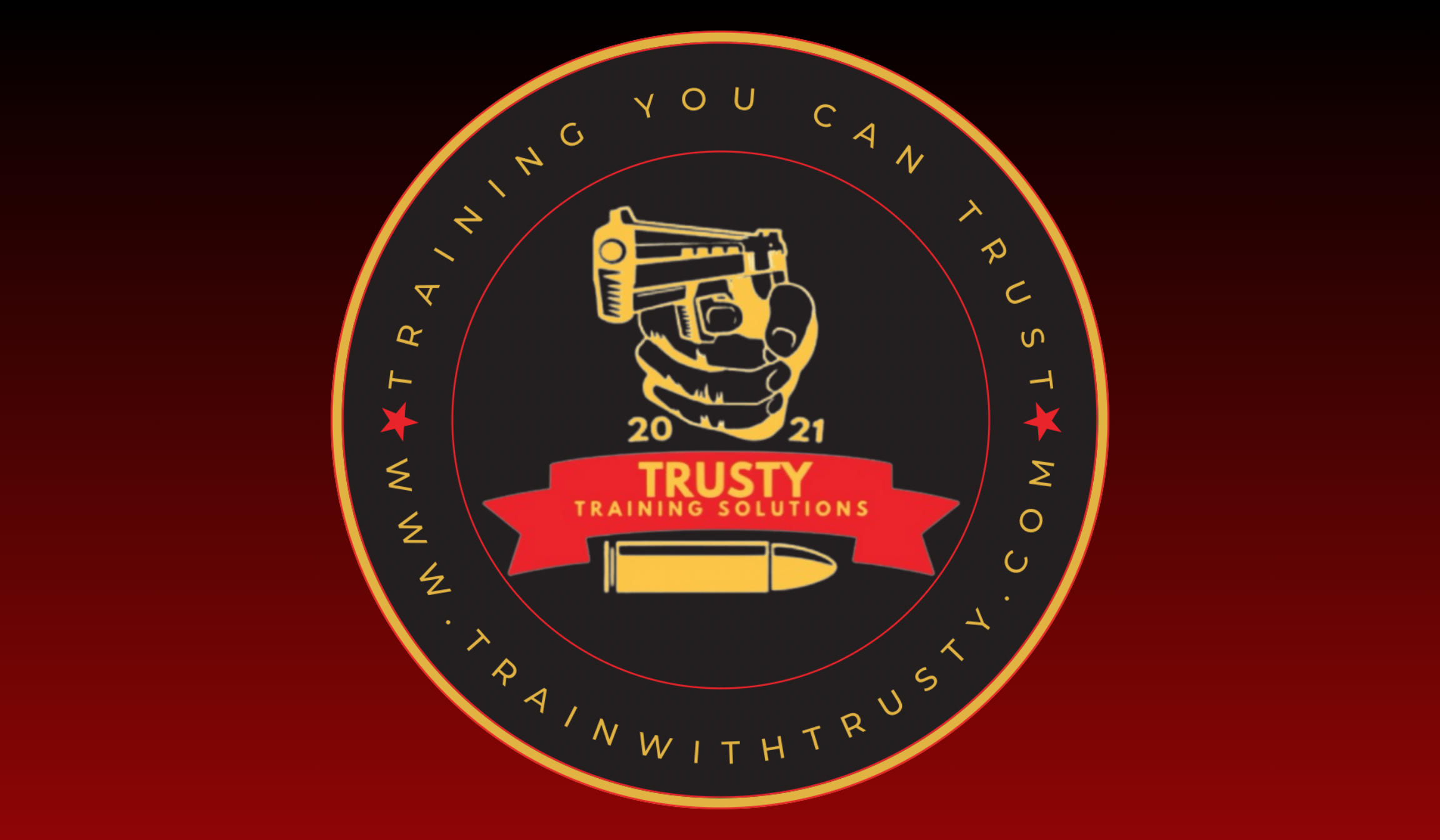 A circular logo with a black background and red, yellow, and gold accents. It features a hand holding a gun in the center, with the text "2021 TRUSTY TRAINING SOLUTIONS" on a red banner below the hand. The outer edge of the logo has the words "TRAINING YOU CAN TRUST" and the website "WWW.TRAINWITHTRUST.COM" written around it, along with red stars.