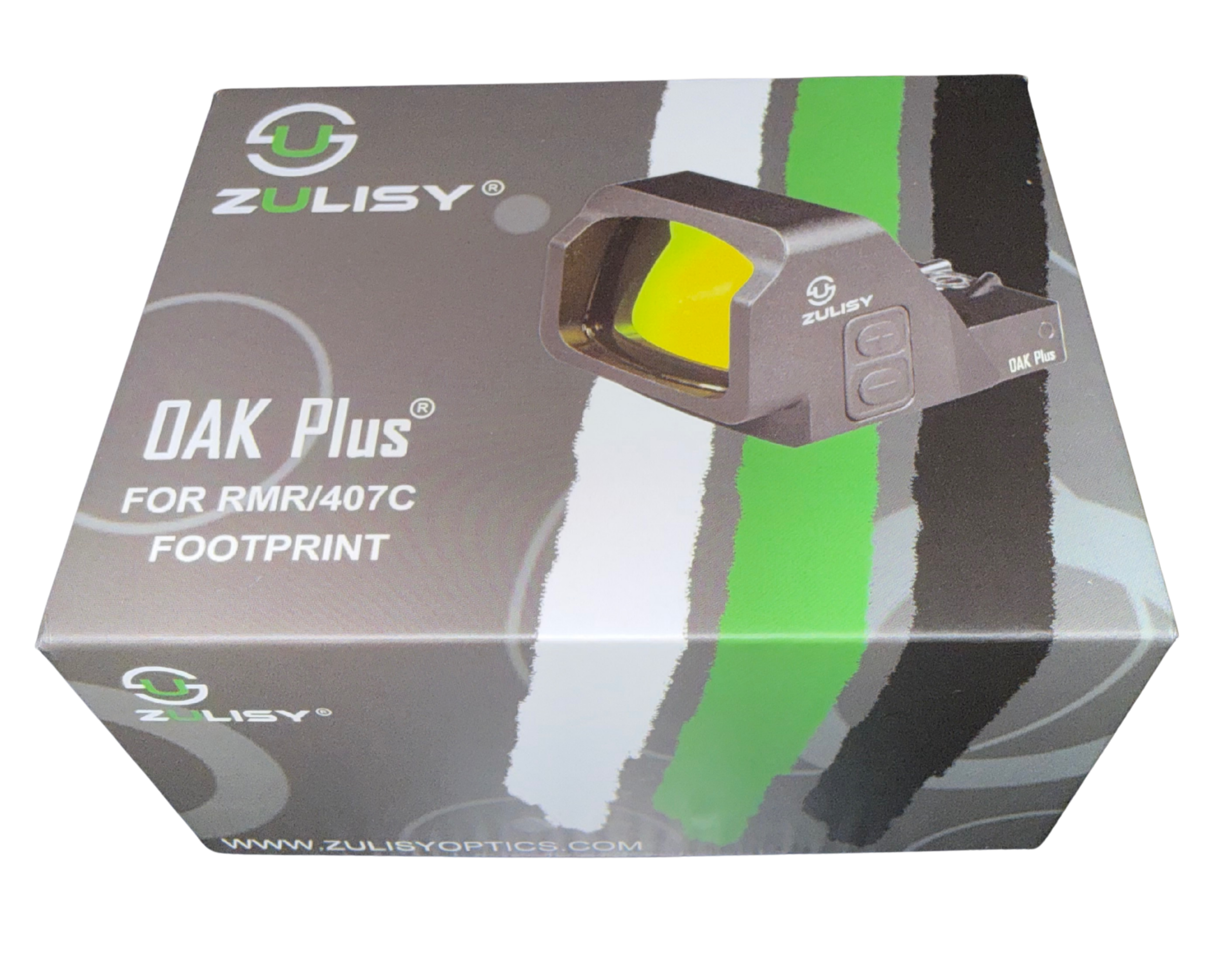 Packaging box for ZULISY OAK Plus sight scope, designed for RMR/407C footprint, with a picture of the sight scope on the box.