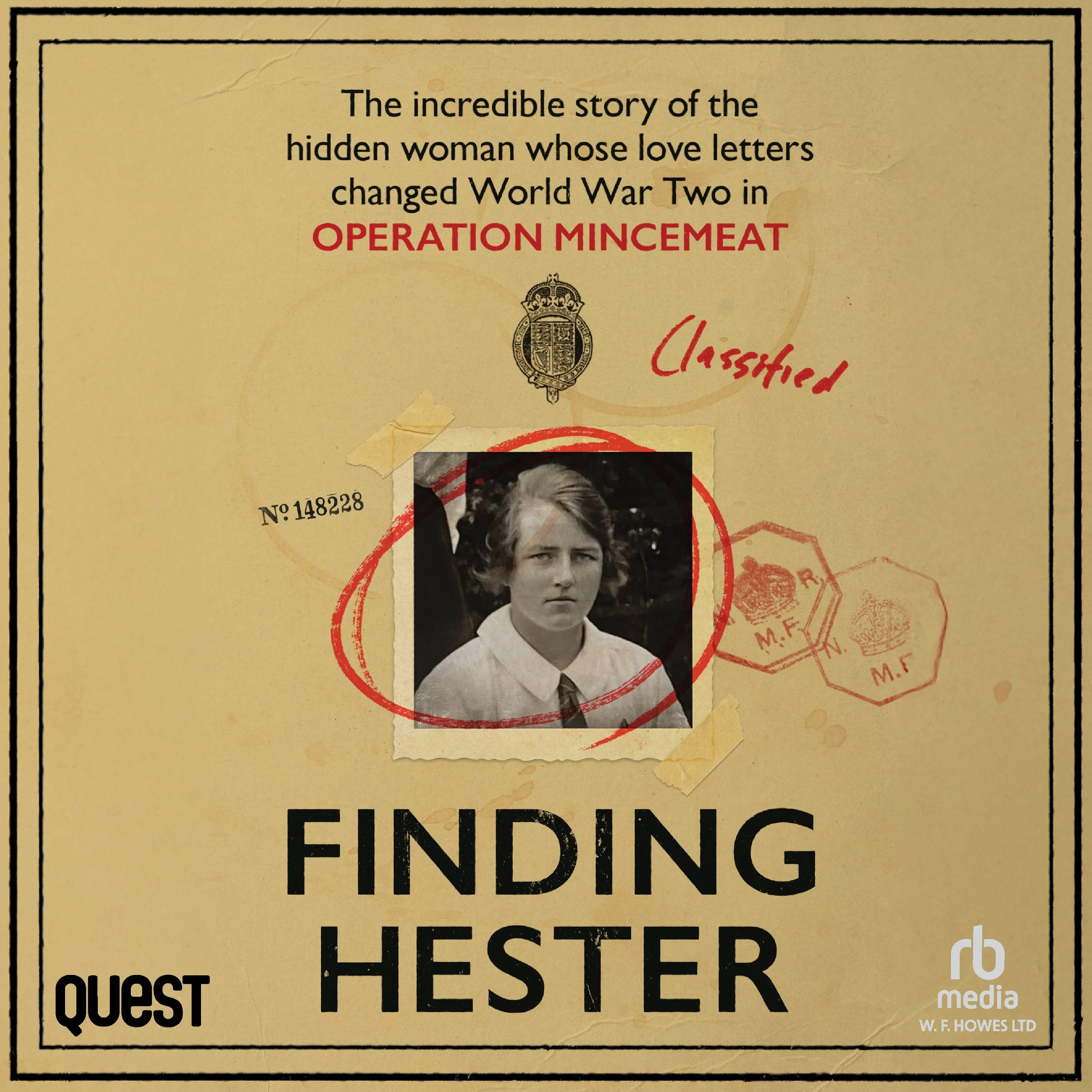 Book cover for 'Finding Hester' with a black-and-white photo of a young woman at the center, surrounded by handwritten notes, stamps, and a small emblem, with the title prominently displayed at the bottom.