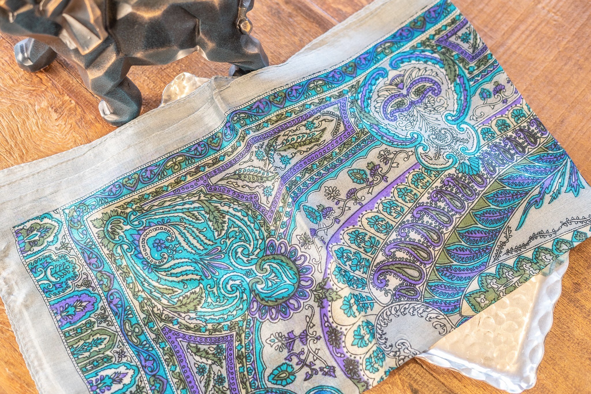 Steel grey and blue printed silk stole