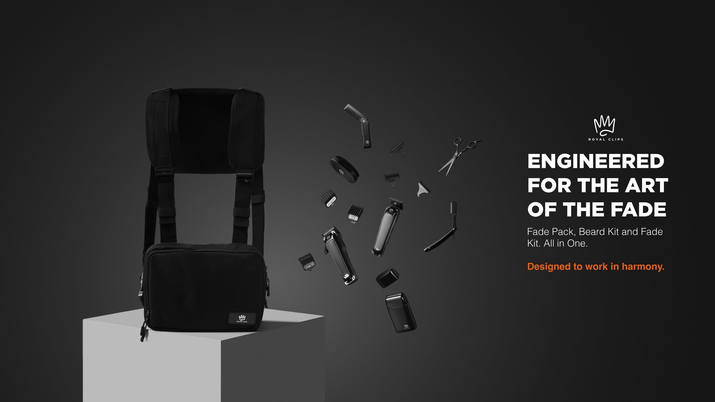 A black backpack and grooming tools for haircuts, including clippers, scissors, and trimmers, with floating accessories on a dark background and promotional text for Royal Clips fade kit. Product Photography. Creative Photography. eCommerce Photograp