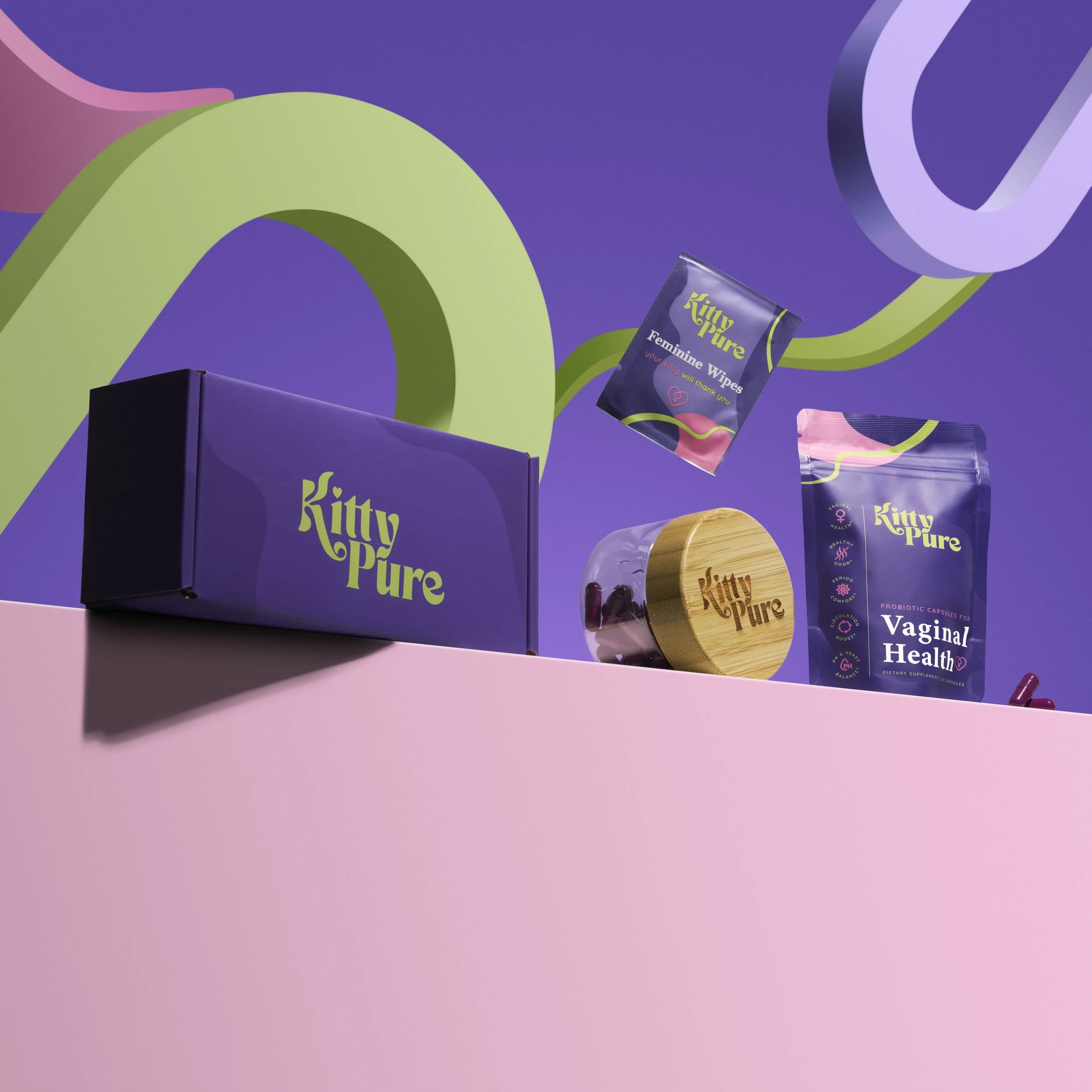 Collection of Kitty Pure health and wellness products including a purple box, a container with capsules, a pack of vaginal health capsules, and a packet of feminine wipes, set against a colorful abstract background.