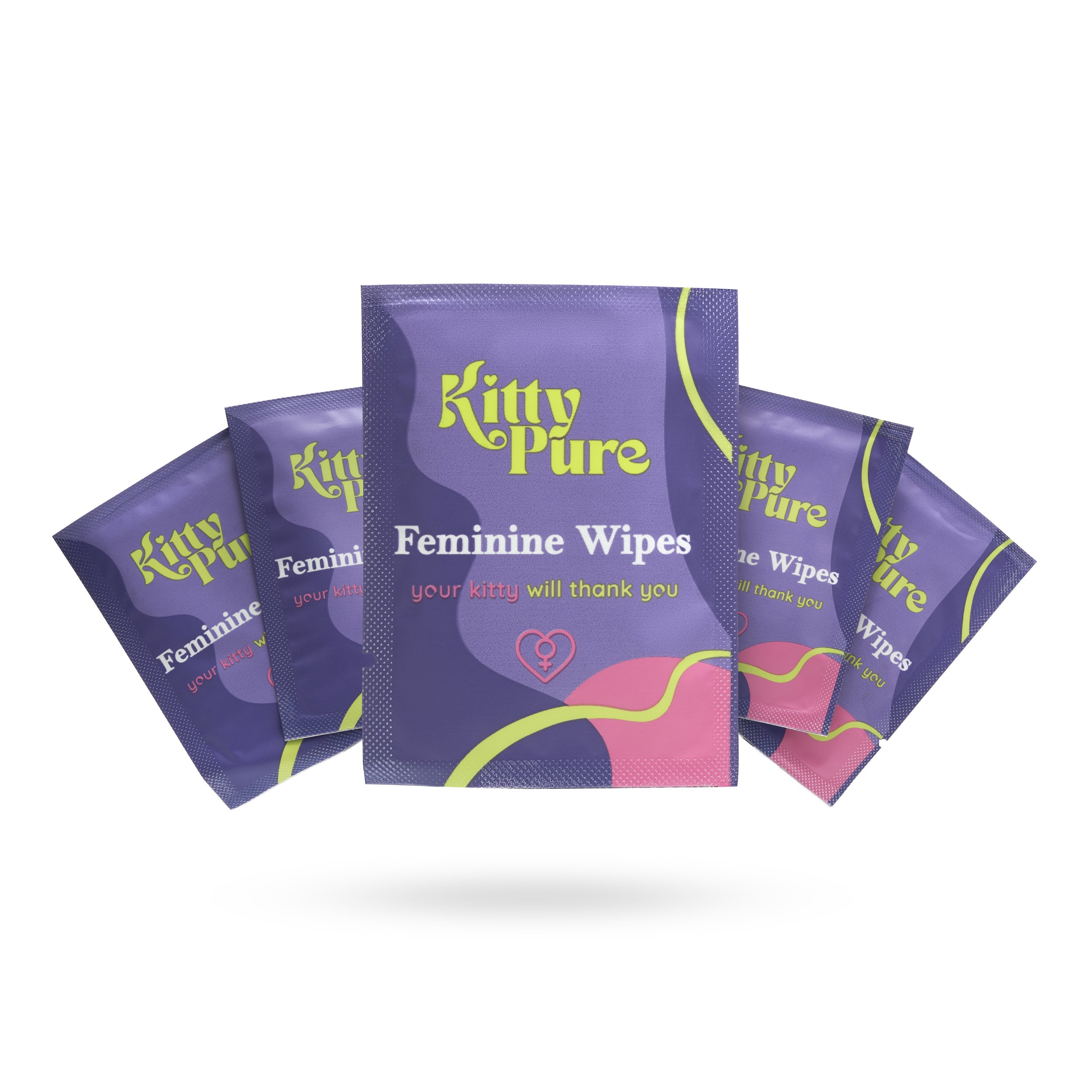 Package of Kitty Pure Feminine Wipes with purple and pink design and text, five packets with one prominently displayed Product Photography. Creative Photography. eCommerce Photography.