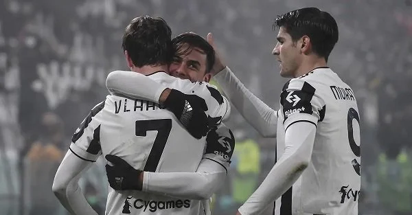 Dusan Vlahovic, Paulo Dybala and Alvaro Morata celebrate after Juventus take the lead against Verona.