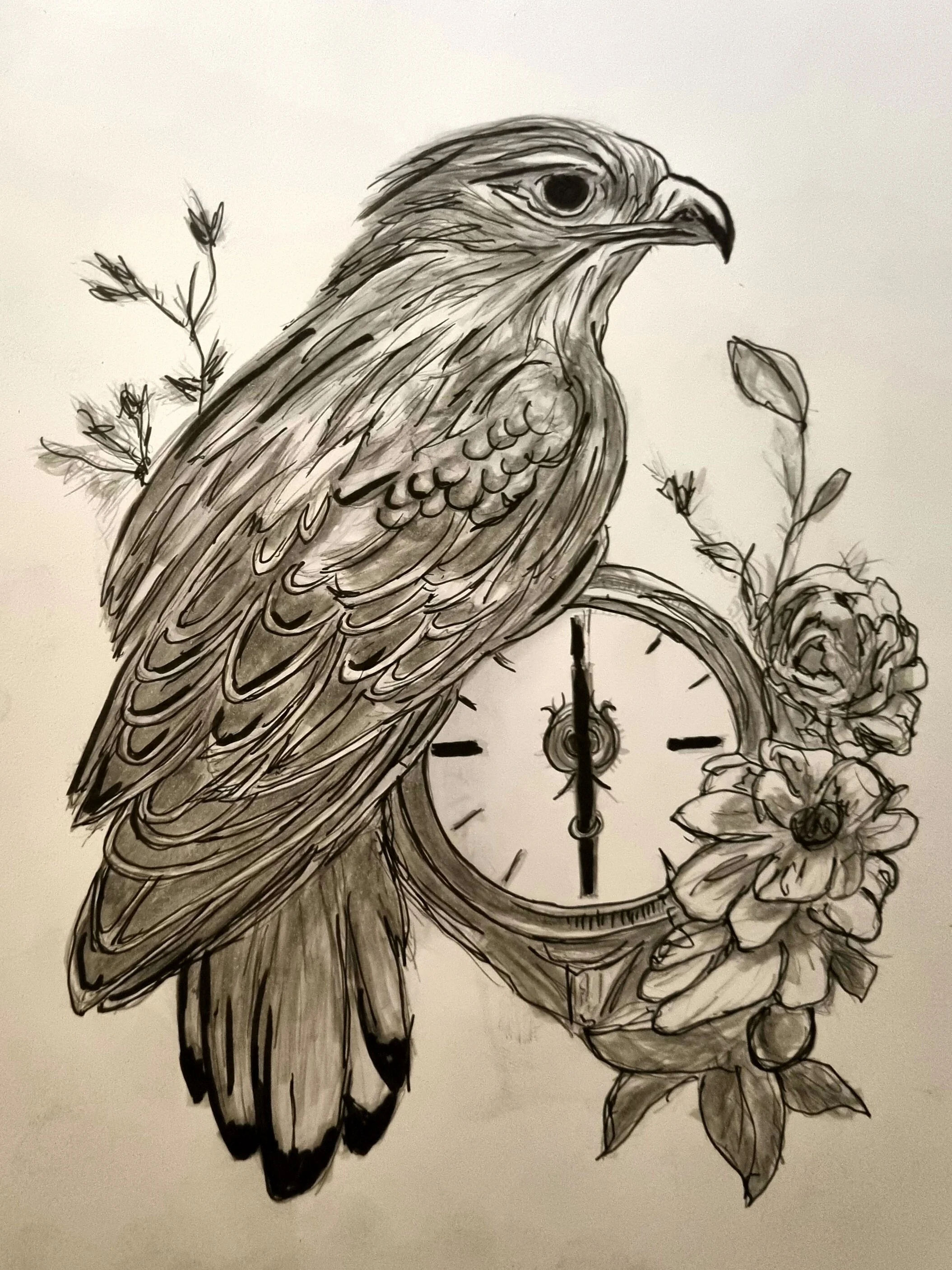 Havik met klok, tattoo stijl