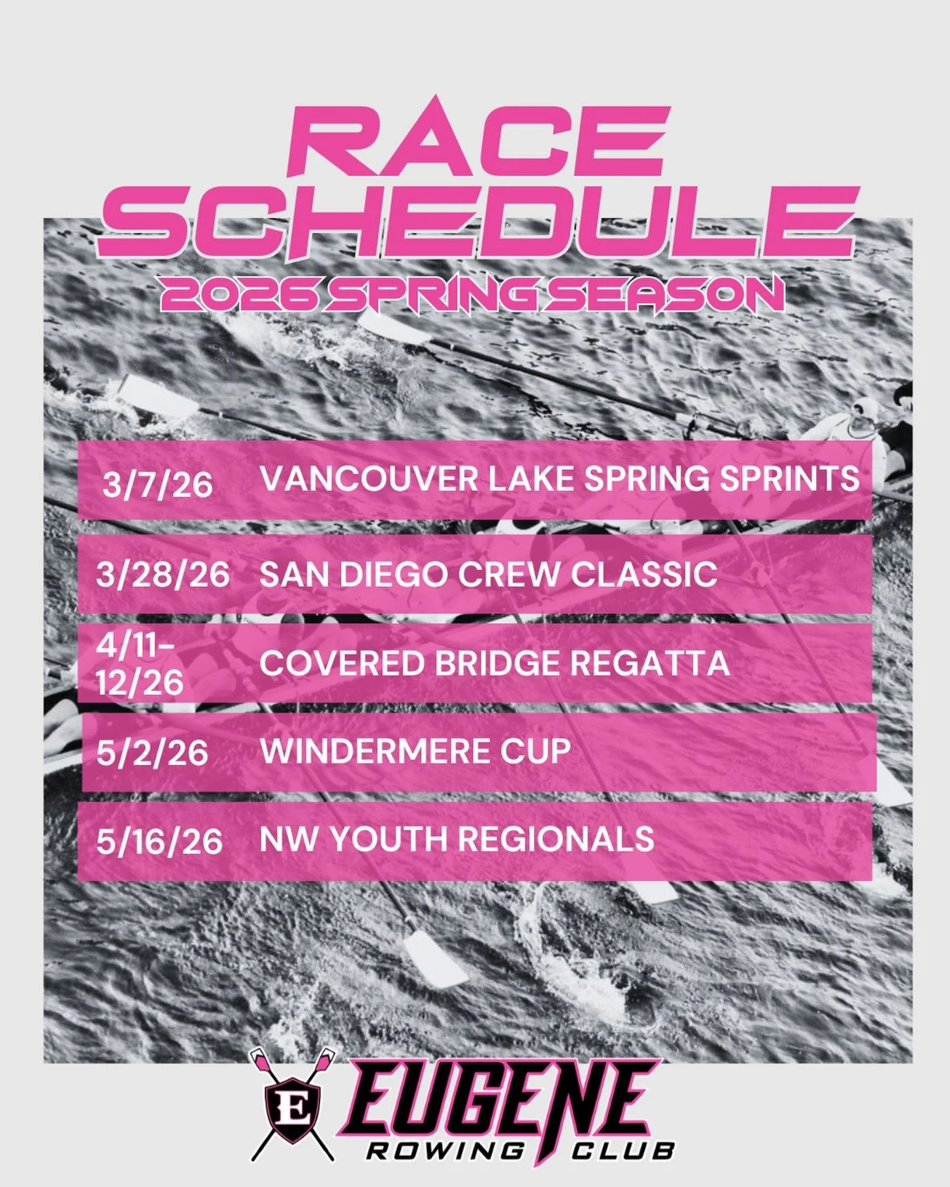 Two weeks until ERC is lining up crews on the start line at Vancouver Lake Sprints! 🚣

The spring racing schedule for Eugene is here, and we&rsquo;re locked in and ready for a packed season of competition! Mark your calendars and catch ERC on the fo