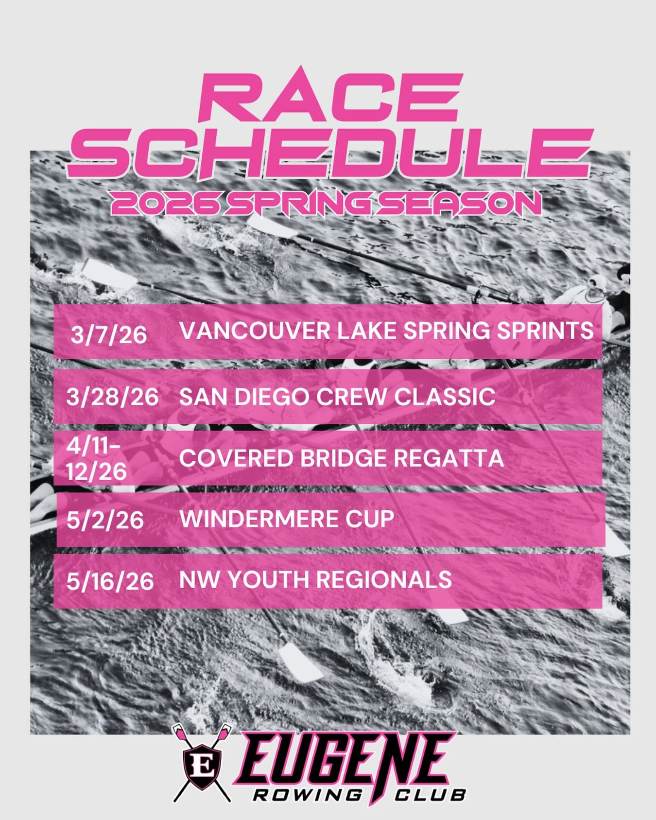 Two weeks until ERC is lining up crews on the start line at Vancouver Lake Sprints! 🚣

The spring racing schedule for Eugene is here, and we&rsquo;re locked in and ready for a packed season of competition! Mark your calendars and catch ERC on the fo