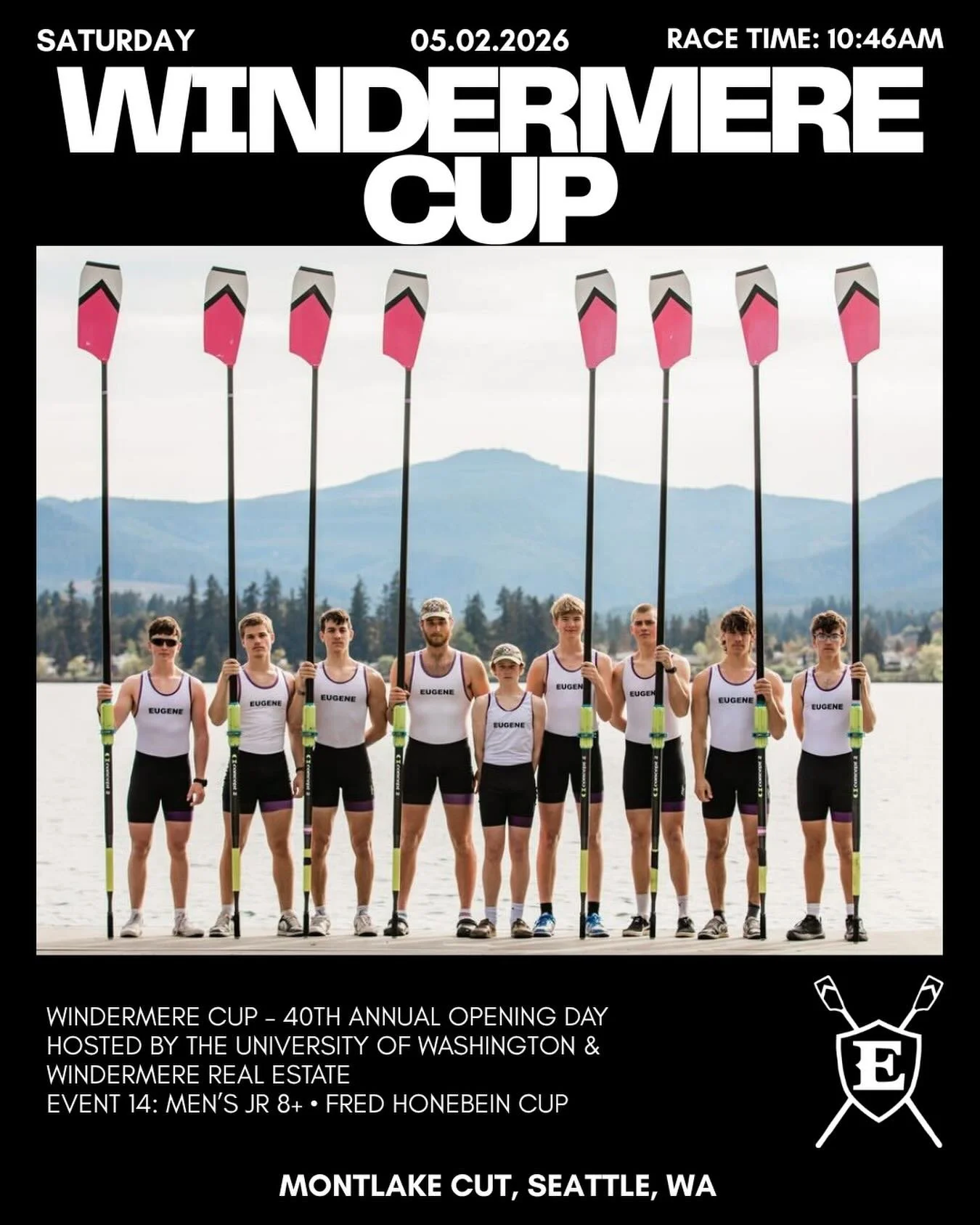 ERC is heading to Seattle this weekend for the 40th Annual Windermere Cup!

For the first time in program history, Eugene will field a Men&rsquo;s Jr 8+ at Opening Day in the Fred Honebein Cup. They&rsquo;ll race through the Montlake Cut at 10:46 AM 