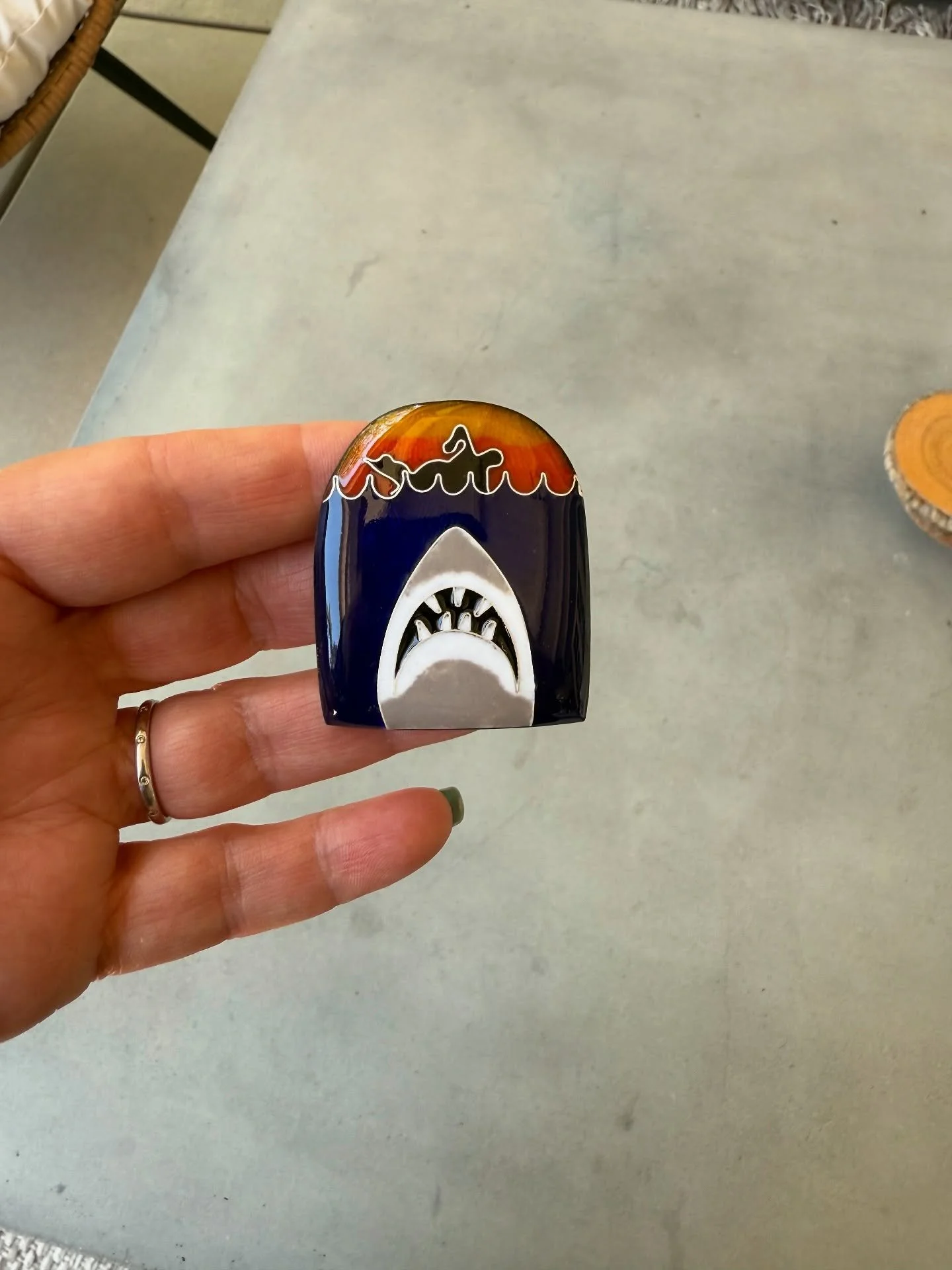 Just for fun, I made this cloisonn&eacute; piece to celebrate the 50th anniversary of Jaws. Swipe to see fun pictures of the island where Jaws was filmed 50 years ago! #cloisonn&eacute; #glassonmetal #handmadejewelry #jaws #jaws50thanniversary #marth