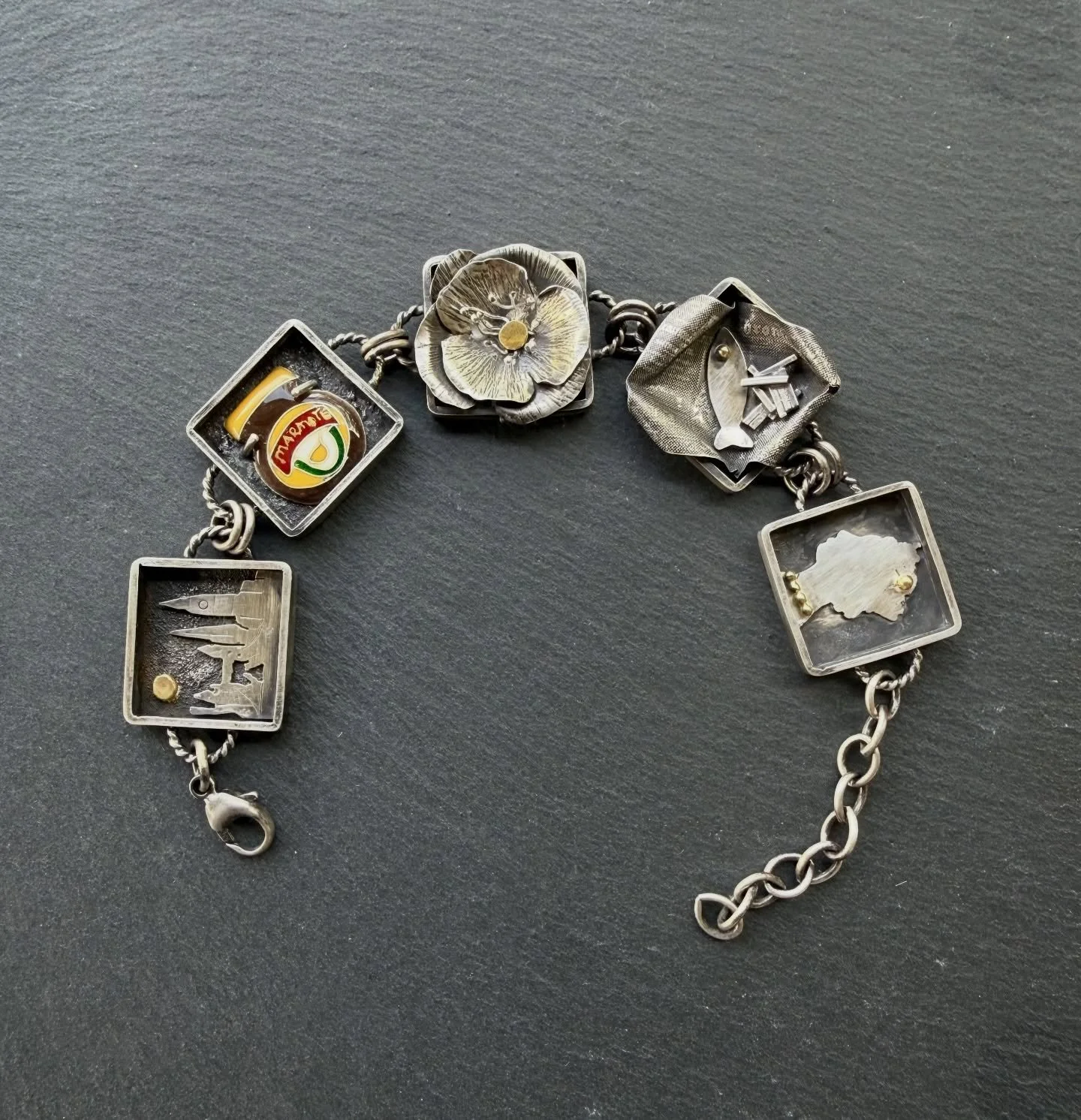 When I was a kid, I loved playing with my mom&rsquo;s 1960s charm bracelet from England, fascinated by all the tiny charms with moving parts.
When I became a metalsmith, I wanted to create an England-inspired charm bracelet of my own, and now I final