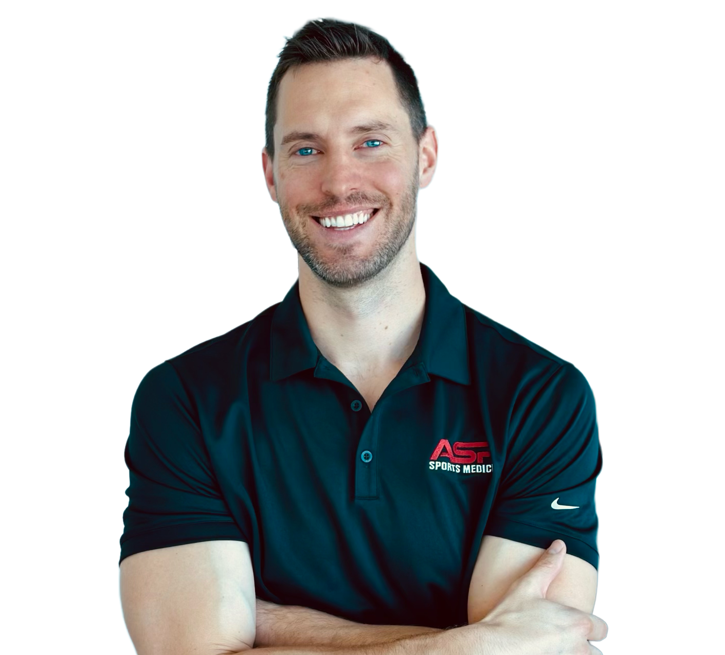 Smiling man wearing a black sports medicine polo shirt with folded arms.