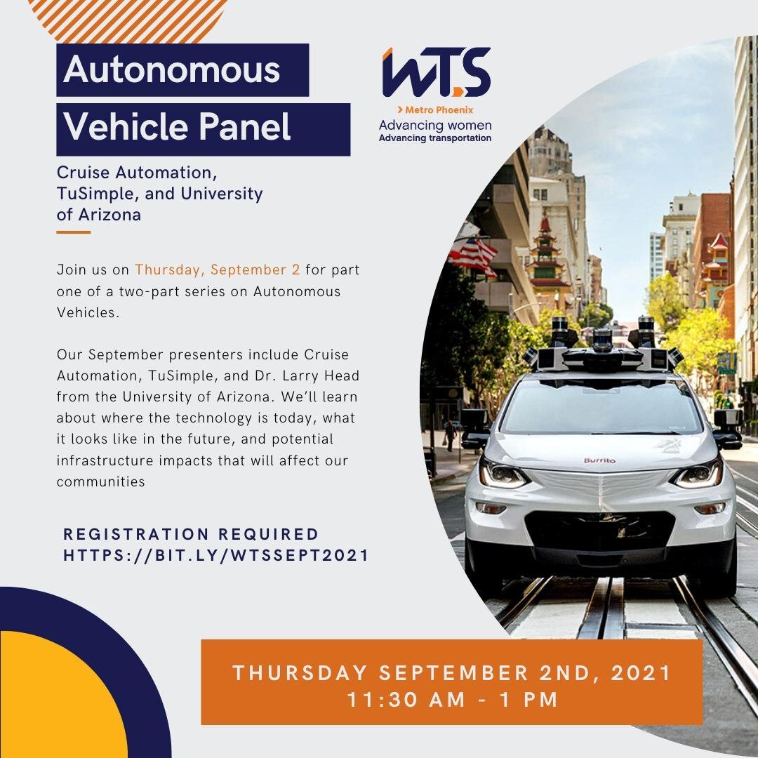 TOMORROW: Join us as we take a closer look at autonomous vehicles, where the technology is today, what it looks like in the future and potential impacts it will have on our future infrastructure. Register now in link in bio.

#WeAreWTS #WTSMetroPhoen
