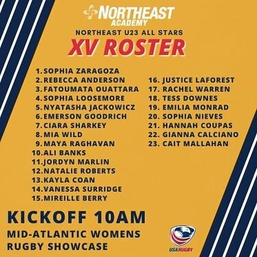 👀 See some Rugby Northeast names representing in @northeastacademy U23 All Star side. Way to go Nyatasha (Bryant), Sophia Nieves (Middlebury), Maya &amp; Mireille (Northeastern), Cait &amp; Vanessa (Roger Williams), and Tess (UMass Amherst)!