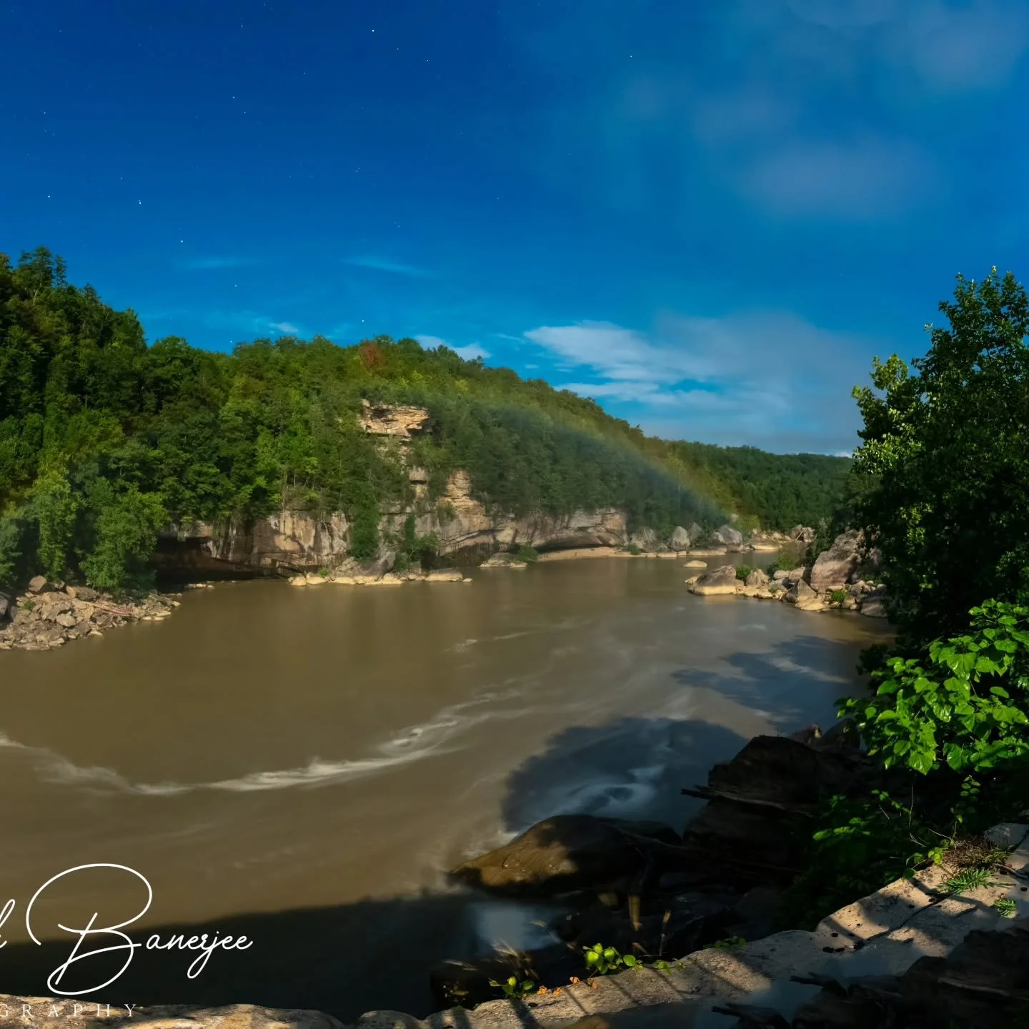 Framed under August&rsquo;s full moon at Cumberland Falls&mdash;one of the world&rsquo;s rare stages for a moonbow (the only spot in the western hemisphere with reliable moonbow sightings).� These ghostly rainbows need bright moonlight, waterfall mis