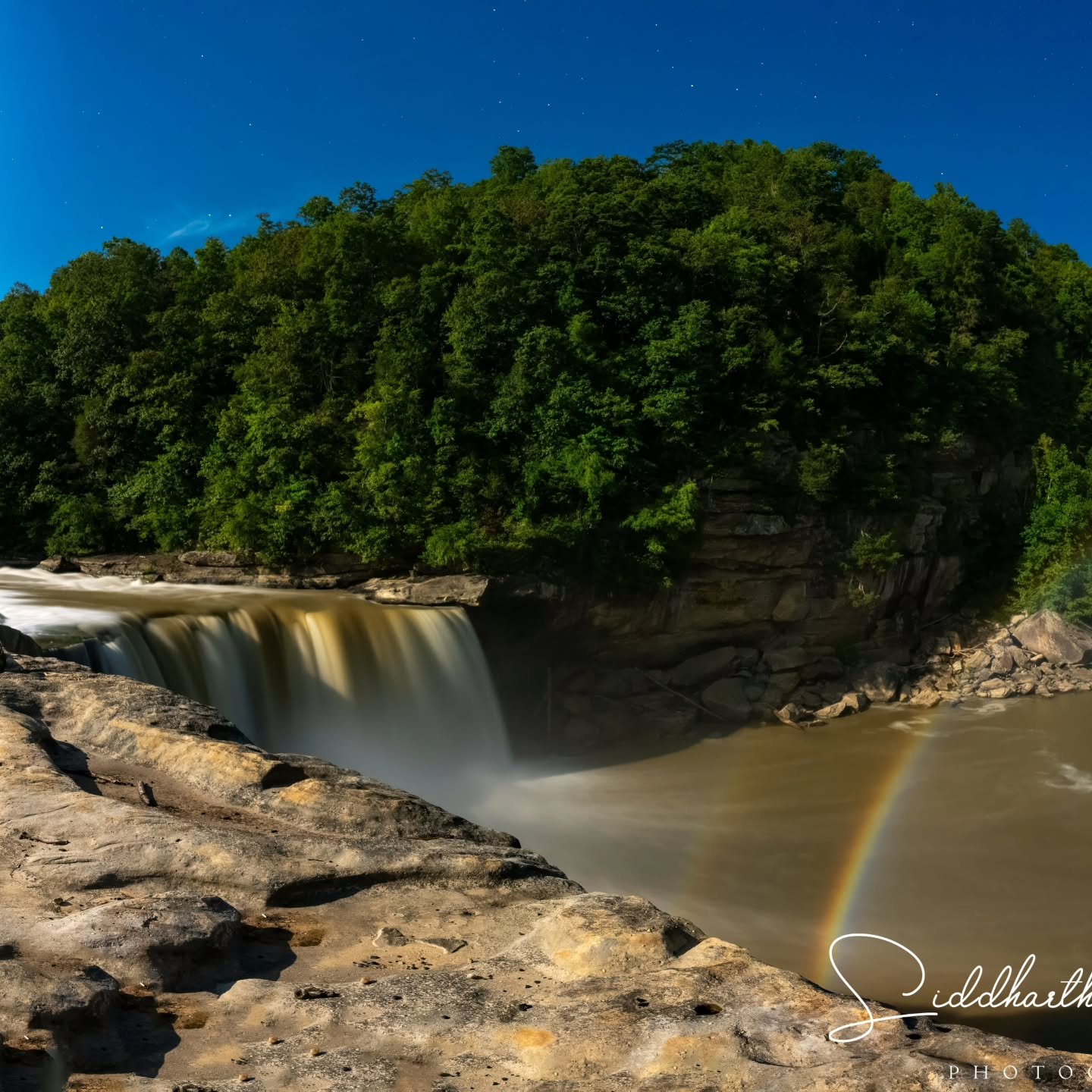 Framed under August&rsquo;s full moon at Cumberland Falls&mdash;one of the world&rsquo;s rare stages for a moonbow (the only spot in the western hemisphere with reliable moonbow sightings).� These ghostly rainbows need bright moonlight, waterfall mis