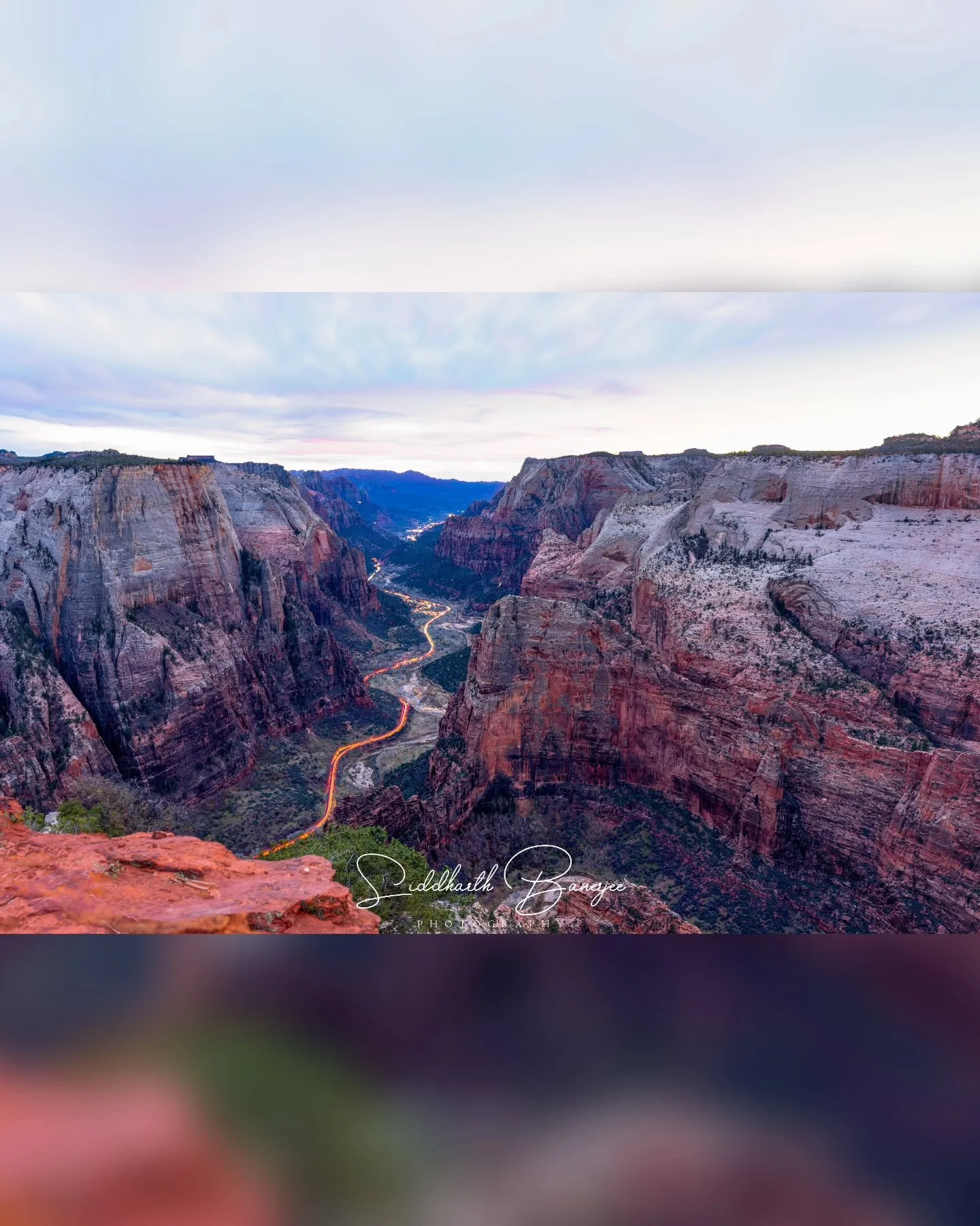 A cloudy sunset at Zion Canyon with the daily shuttle traffic at the base of Angels Landing.

#longexposurephotography #zionnationalpark #VisitUtah