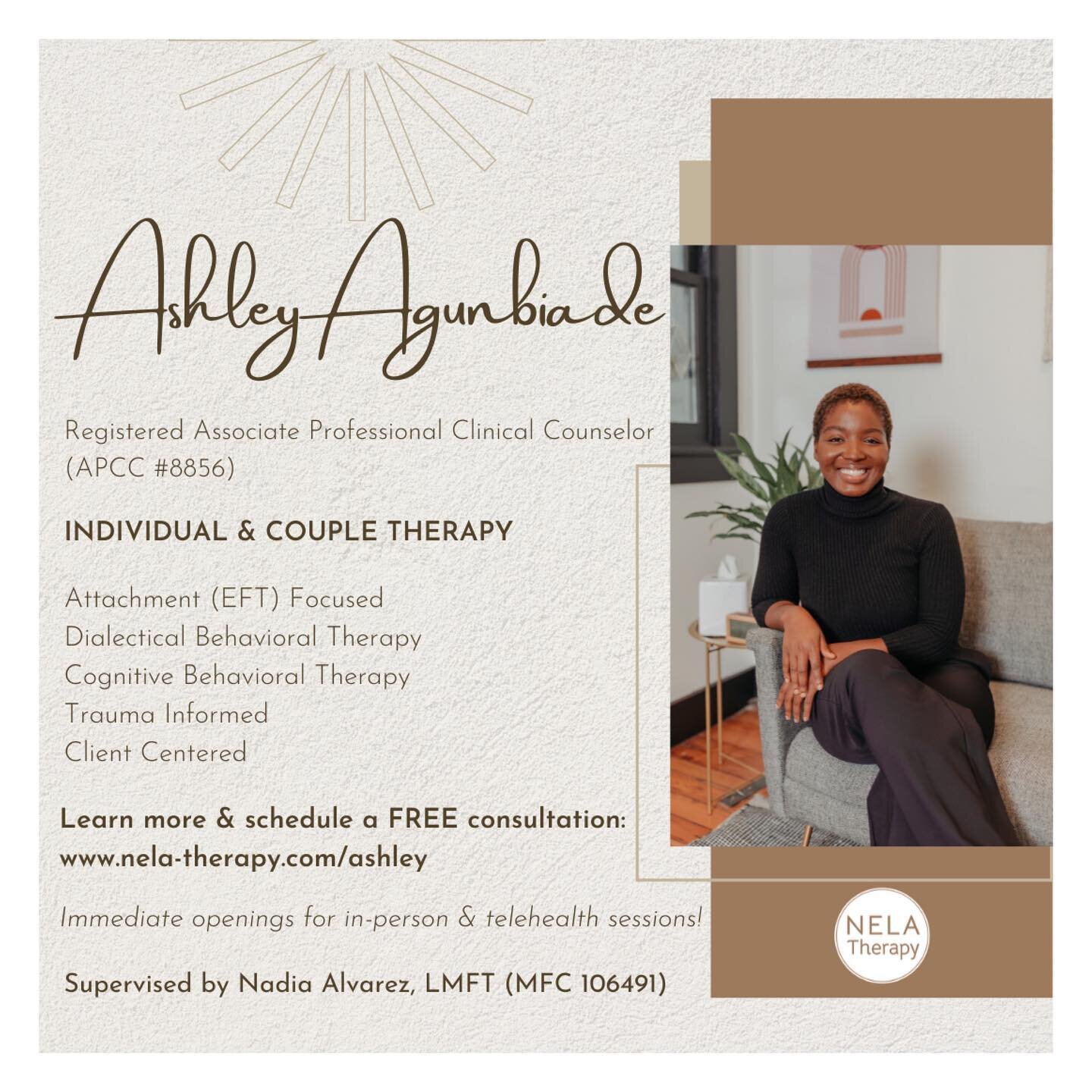 I am currently accepting clients and have immediate availability for online and in-person therapy. @ashley_nelatherapy 
.
The solutions to the challenges we face are within each of us, we may just need some assistance in finding them. My goal is to e