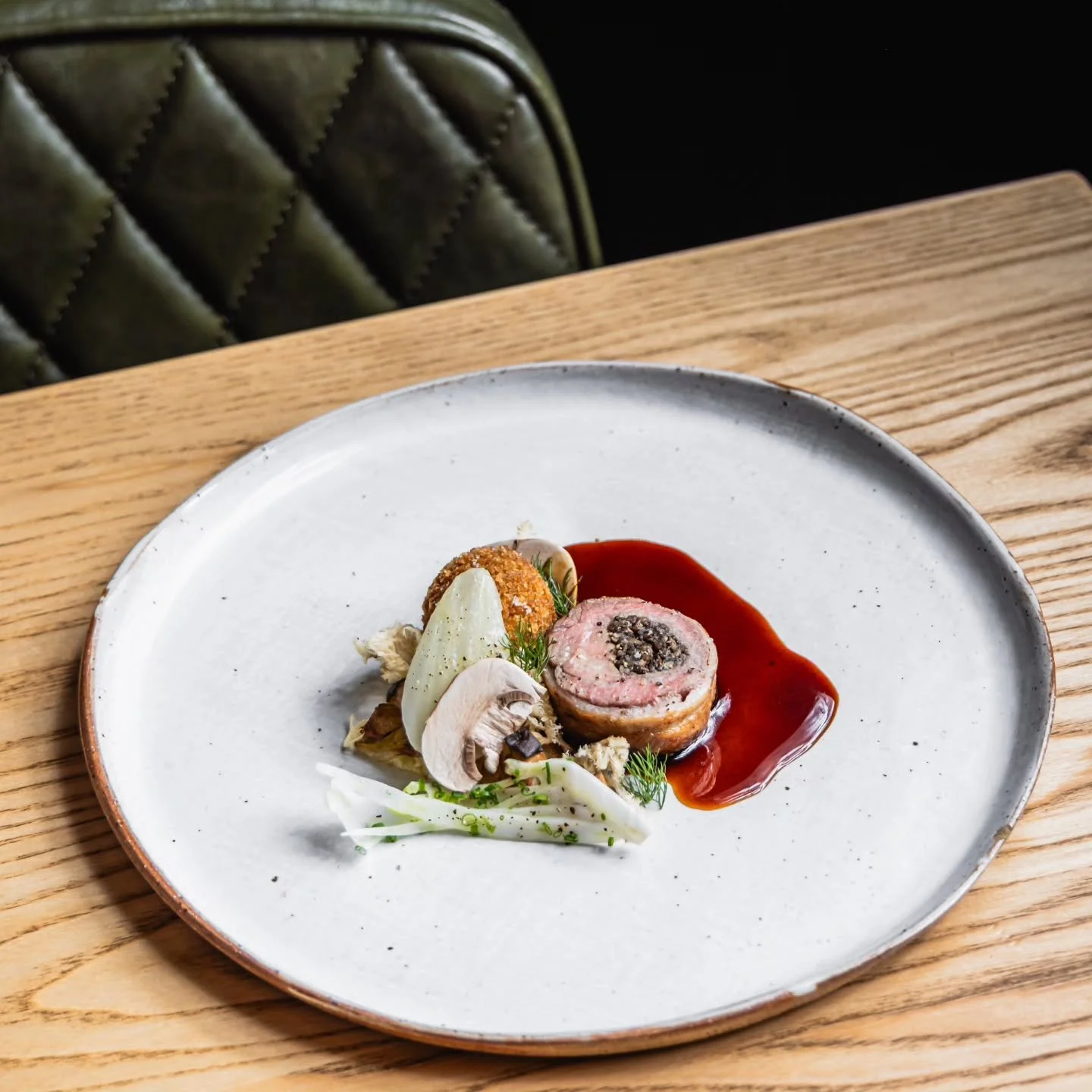 Matangi lamb saddle stuffed with mushroom duxelles,  braised lamb neck croquette, fennel, mushrooms.
Fennel - blanched, raw, braised
Mushrooms - purée, raw button mushrooms, pekepeke, pickled shiitake, duxelle
Lamb jus made with the saddle