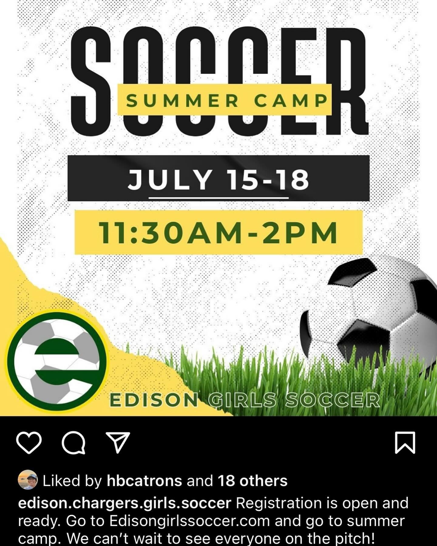 Attention 8th Grade Girls Soccer Players!! ⚽️

Click the link below to register for the Edison Soccer Summer Camp July 15-18!

https://docs.google.com/forms/d/e/1FAIpQLScf2Aqt22JCcbGfvzYetDHxlDU7ZAODB_6HxmtvQ-aZwB3TMA/viewform