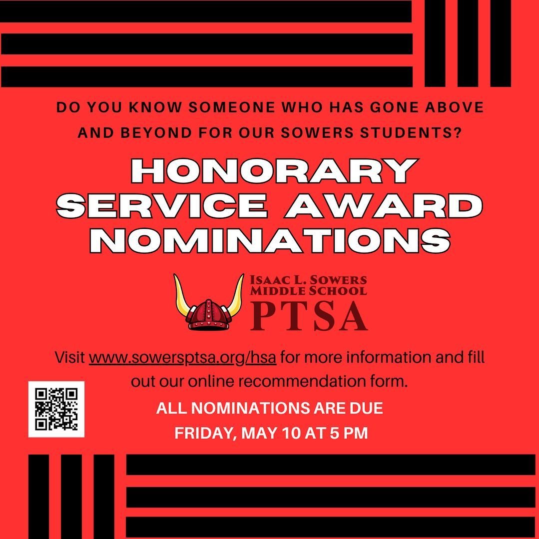 HSA nominations are due this FRIDAY!!

Do you know someone who has gone above and beyond for our Sowers students? A teacher, support staff, administrator, PTSA member or someone in the community? We are accepting nominations for this year&rsquo;s Hon