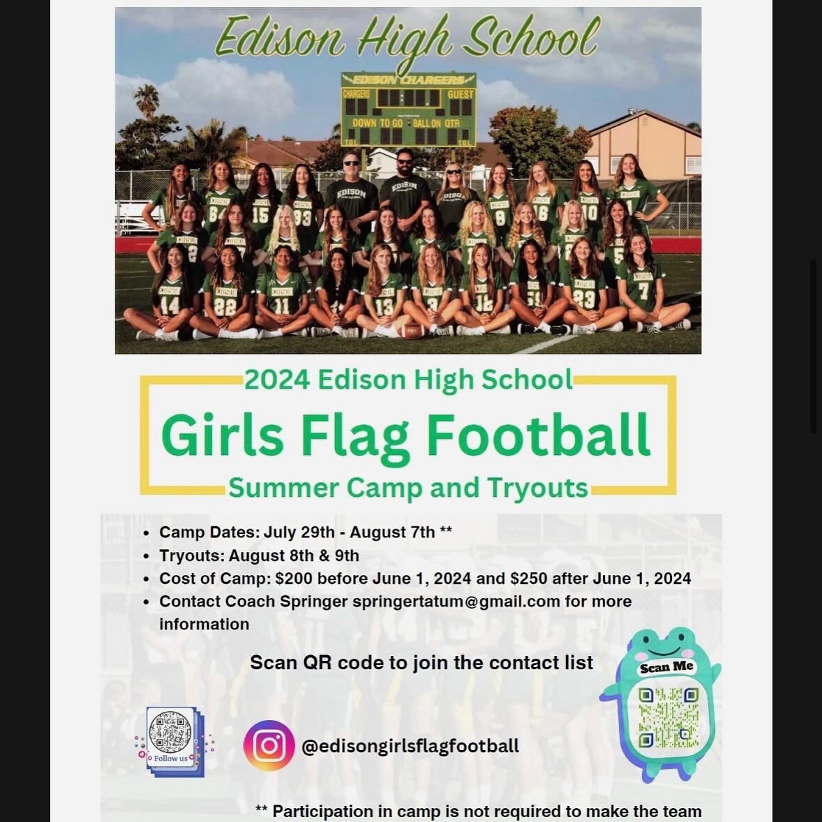 Attention 8th Grade Girls Flag Football Players!! 🏈

Click the link below or scan the QR code to get more info on the Edison Flag Football Camp July 29-Aug 7!!

https://edisongirlsflagfootball.com/f/2024-summer-camp-and-tryouts