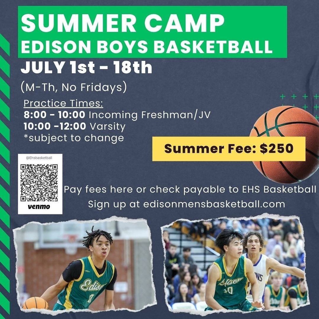 Attention 8th Grade Boys Basketball Players!! 🏀

Click the link below to register for the Edison Boys Summer Basketball Camp!!

https://edisonmensbasketball.com/